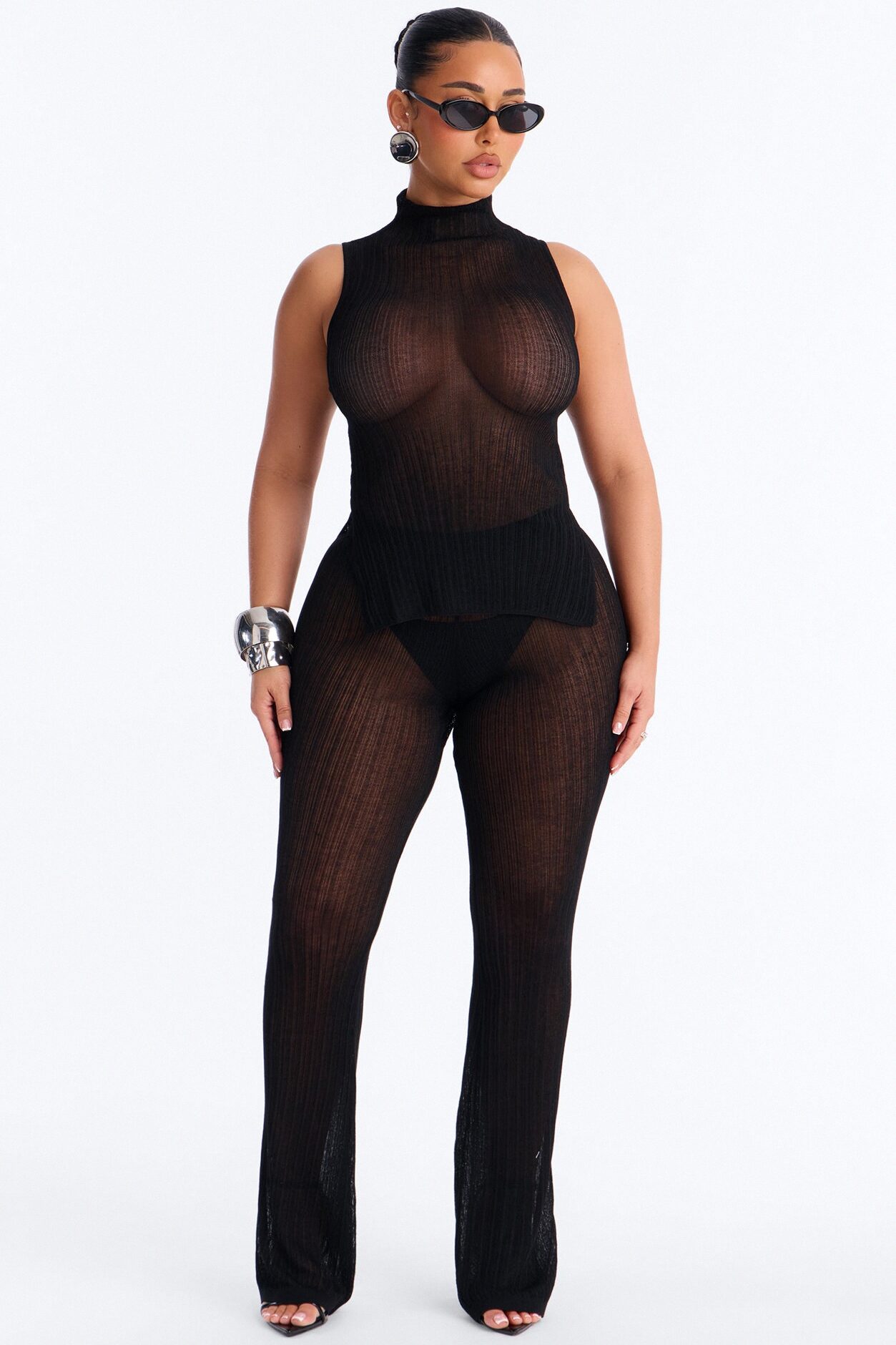 Sienna Sheer Knit High Neck Top - Black
