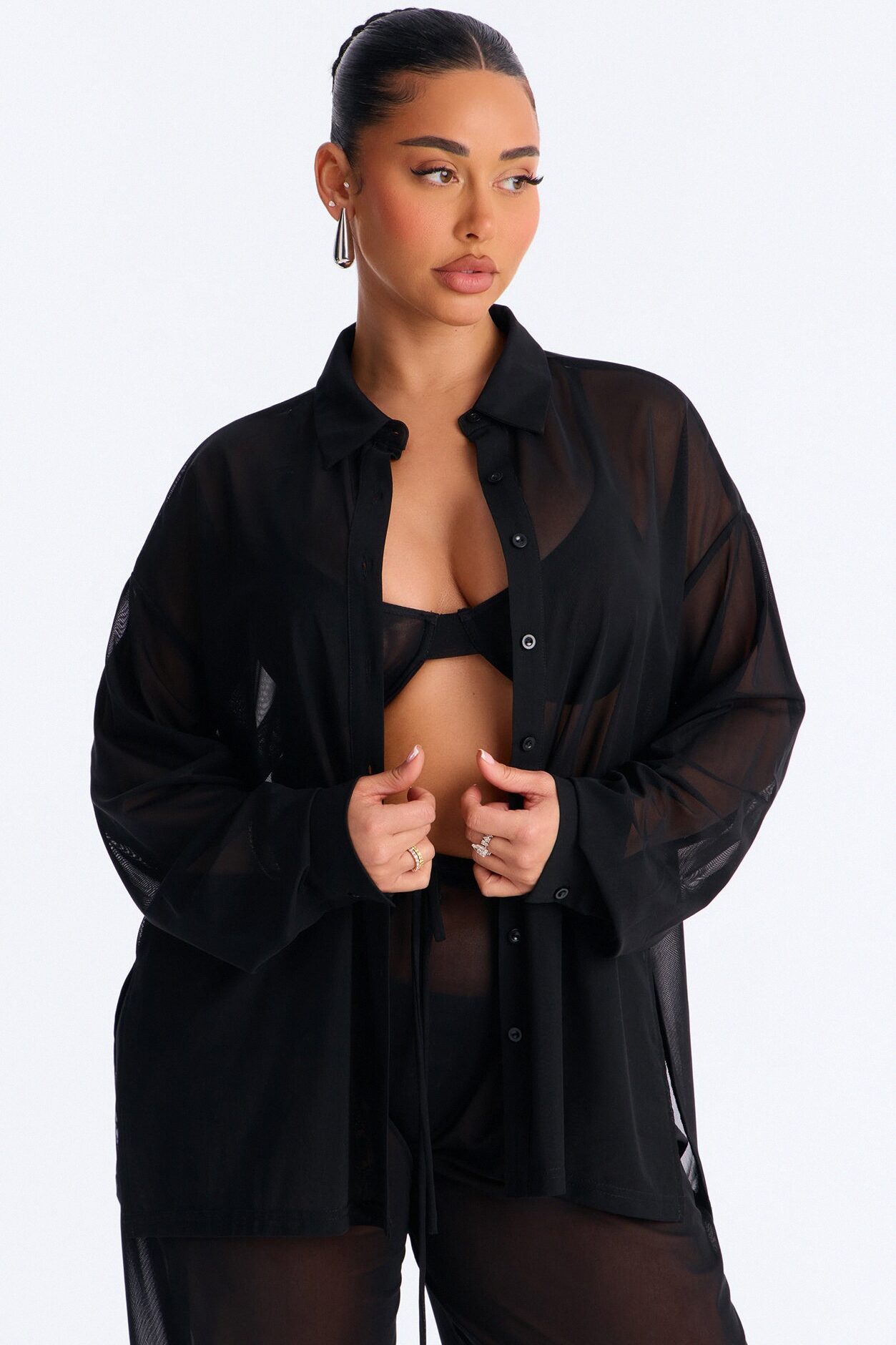 Staying In Mesh Collard Long Sleeve Shirt - Black