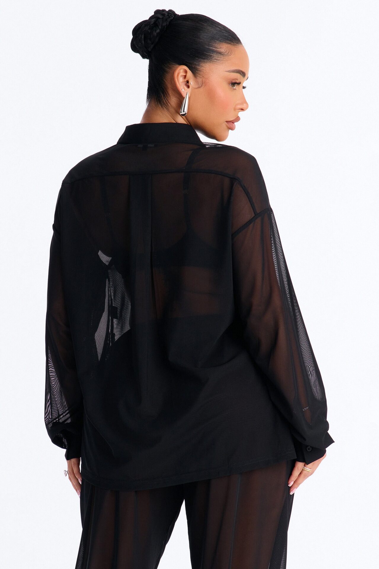 Staying In Mesh Collard Long Sleeve Shirt - Black