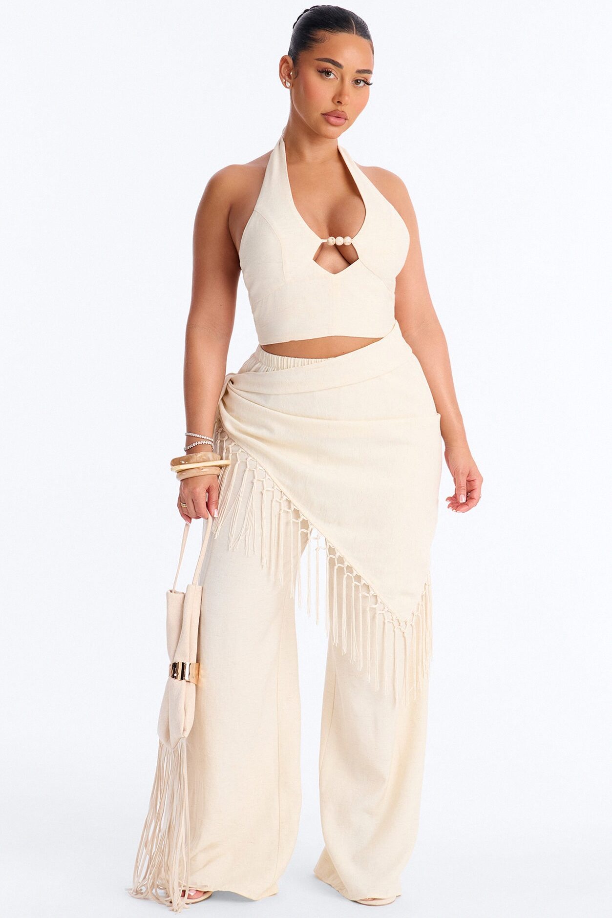 Paloma Linen 3 Piece Scarf Pant Set - Taupe