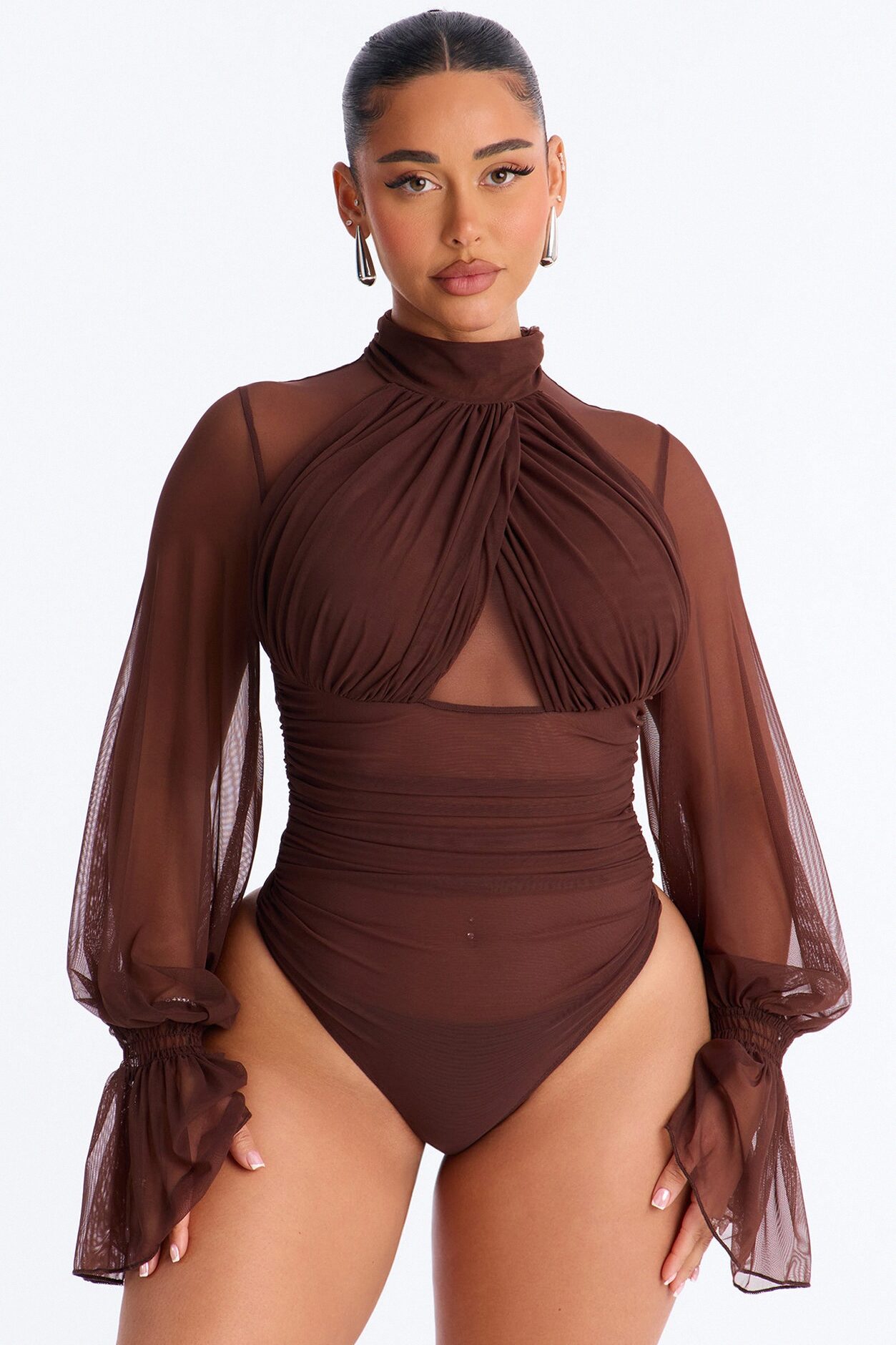 Juliet Ruched Mesh Long Sleeve Bodysuit - Brown