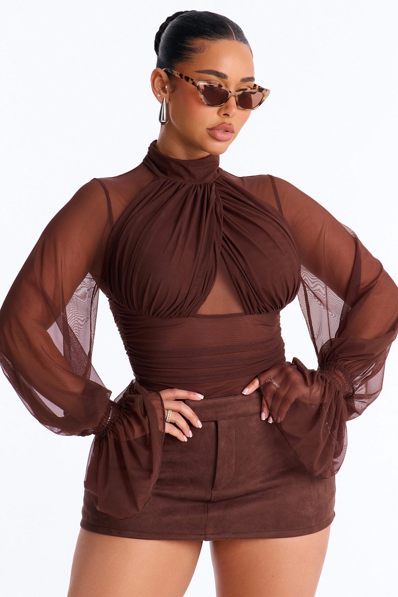 Juliet Ruched Mesh Long Sleeve Bodysuit - Brown