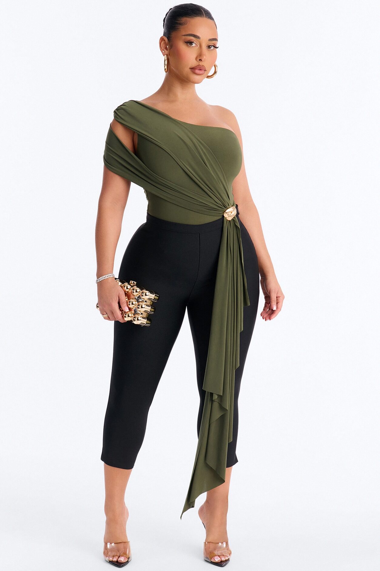 Roma Muse One Shoulder Draped Bodysuit - Olive