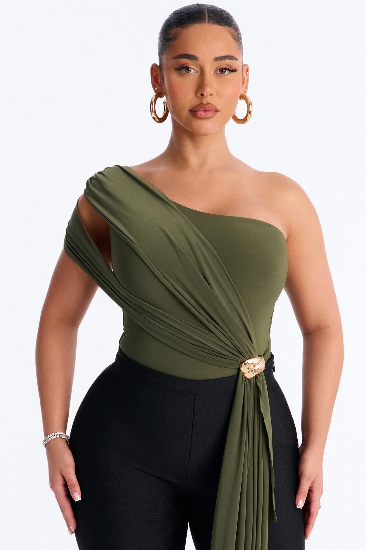 Roma Muse One Shoulder Draped Bodysuit - Olive