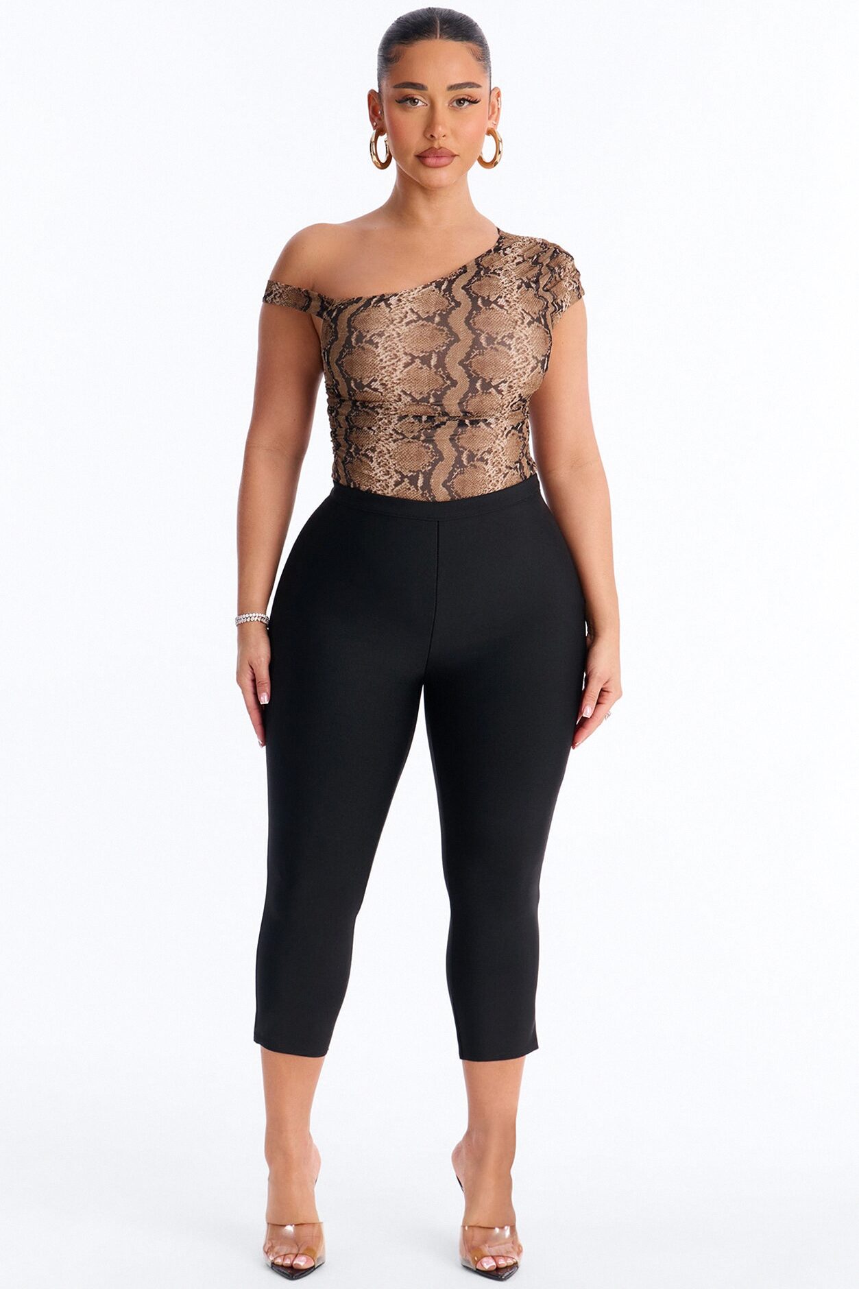 Sunara Snake Off Shoulder Mesh Bodysuit - Brown/combo