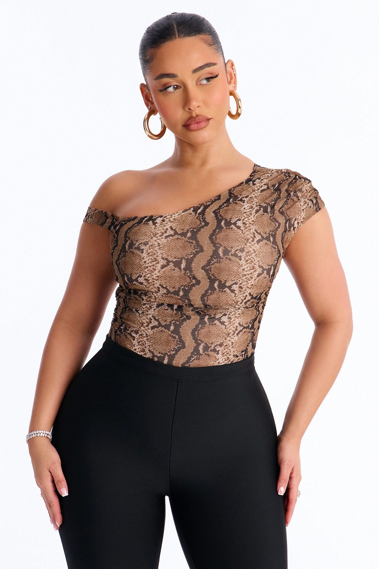 Sunara Snake Off Shoulder Mesh Bodysuit - Brown/combo