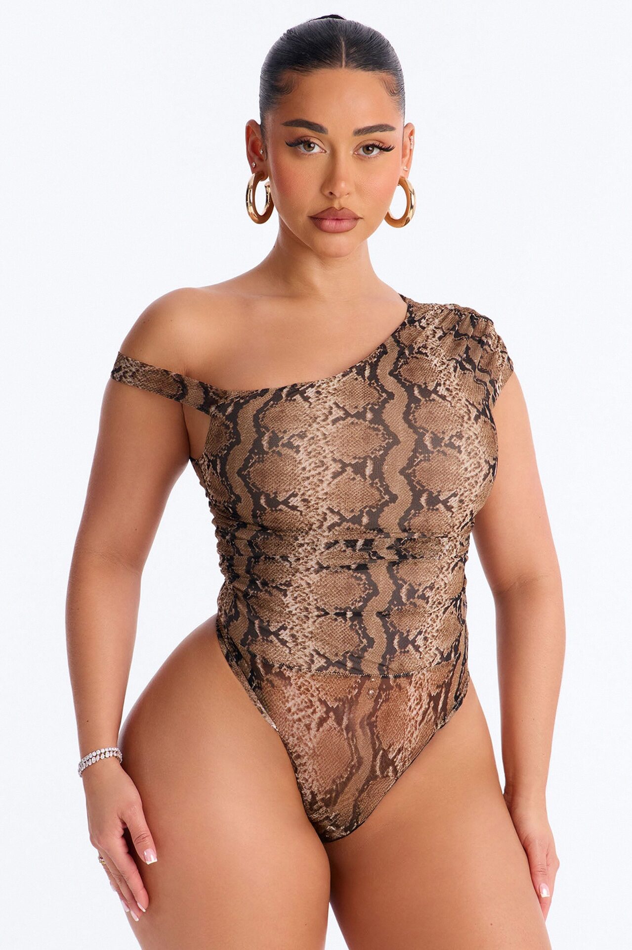 Sunara Snake Off Shoulder Mesh Bodysuit - Brown/combo