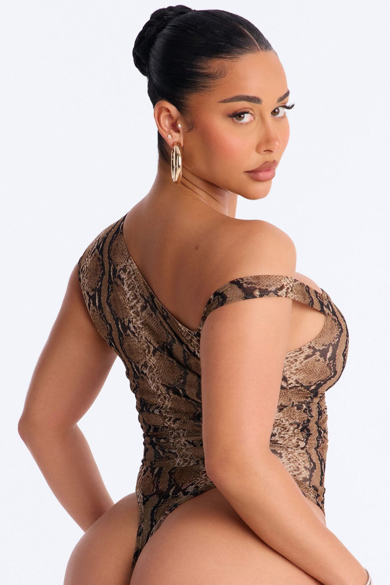 Sunara Snake Off Shoulder Mesh Bodysuit - Brown/combo