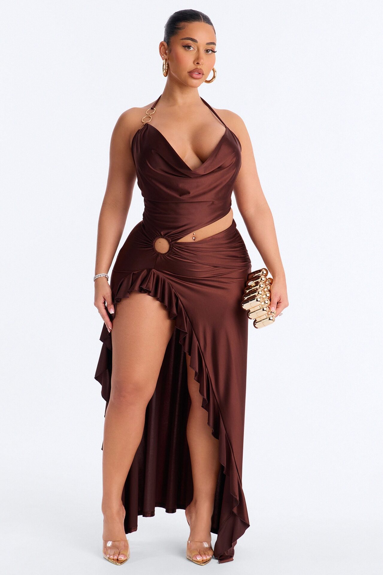 Clarissa Cowl Halter Maxi Dress - Chocolate