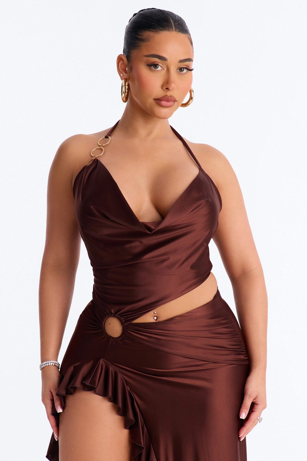 Clarissa Cowl Halter Maxi Dress - Chocolate