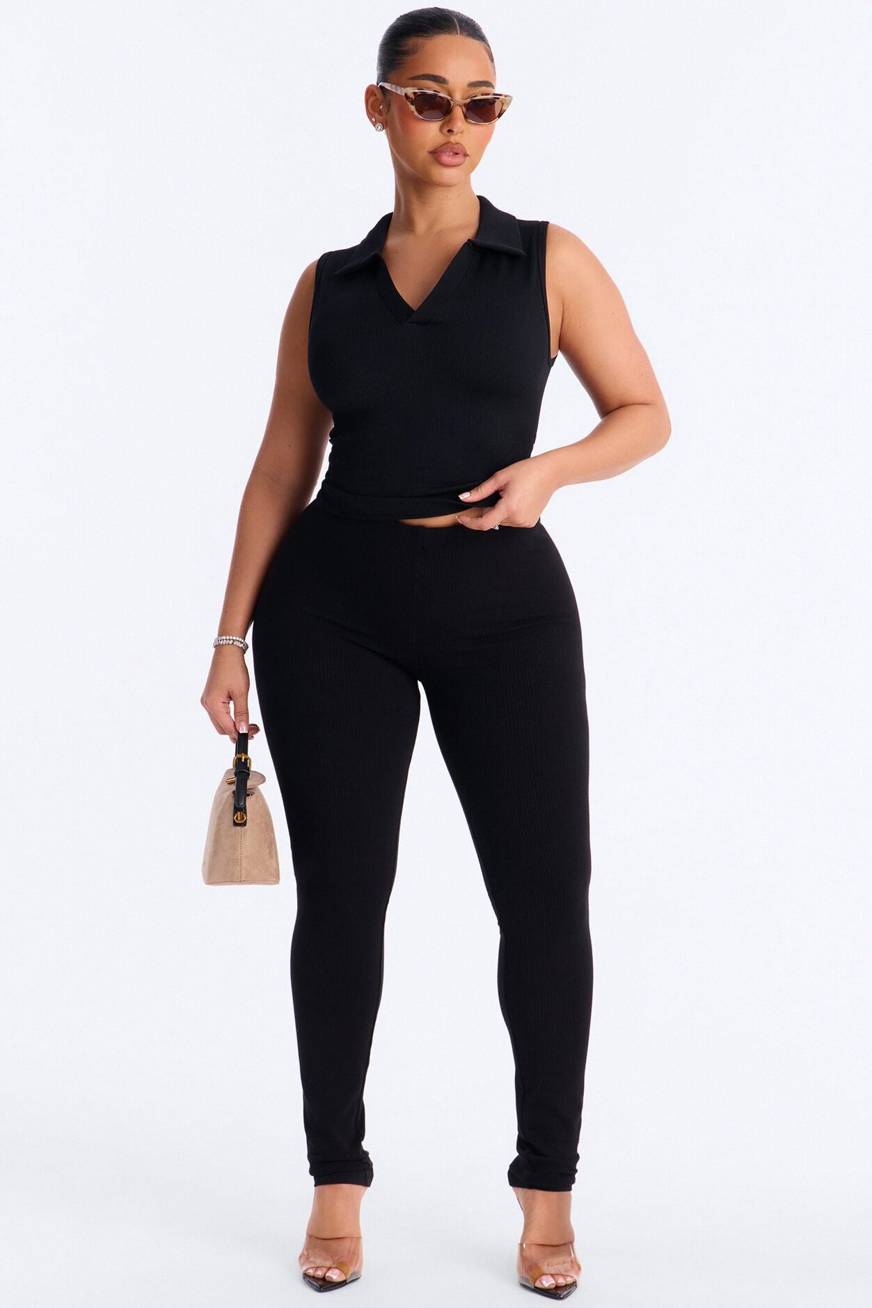 Lyra Seamless Rib Basic Sleeveless Collared Top - Black