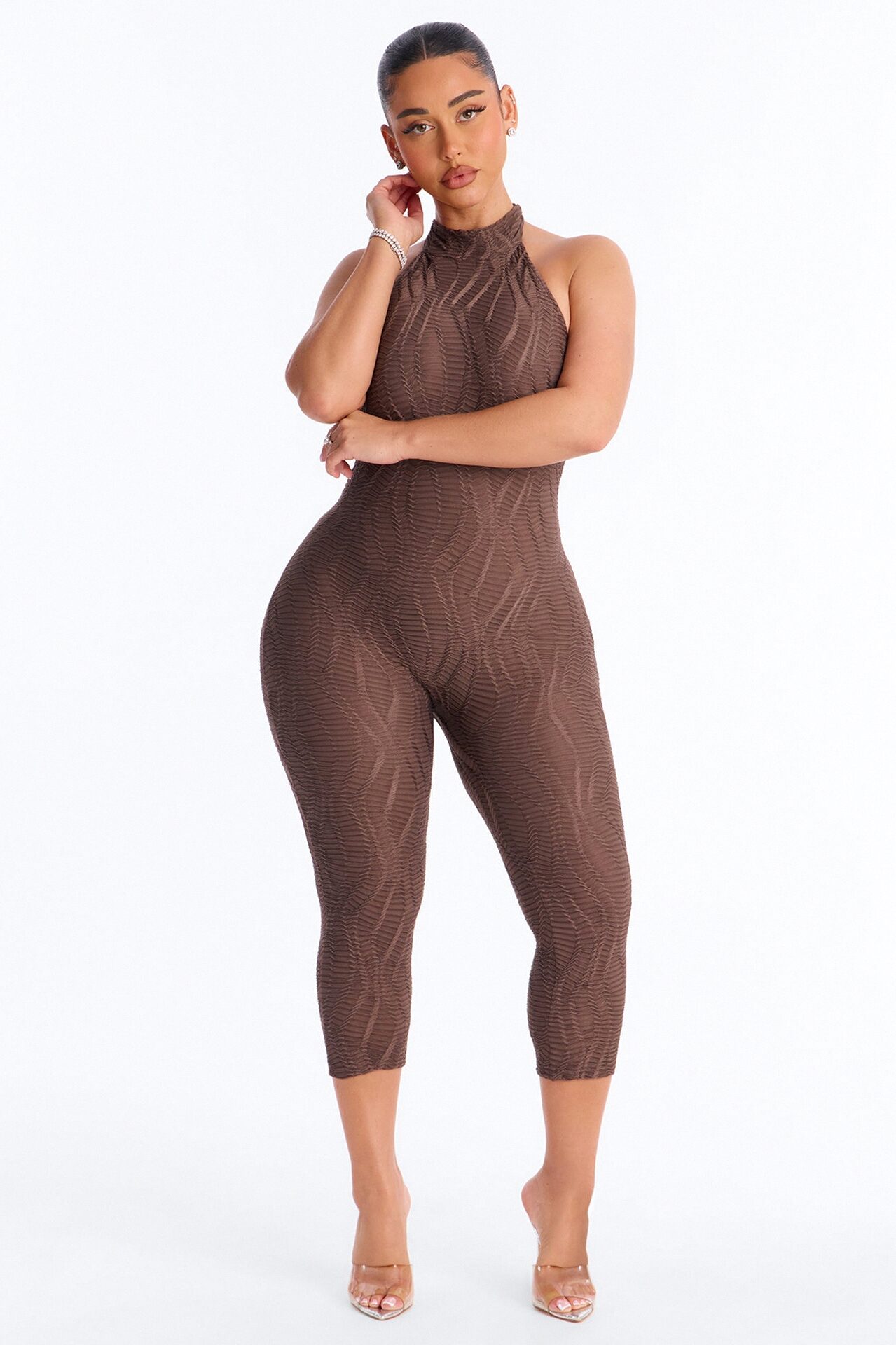 Carina High Neck Textured Backless Capri Catsuit - Chocolate