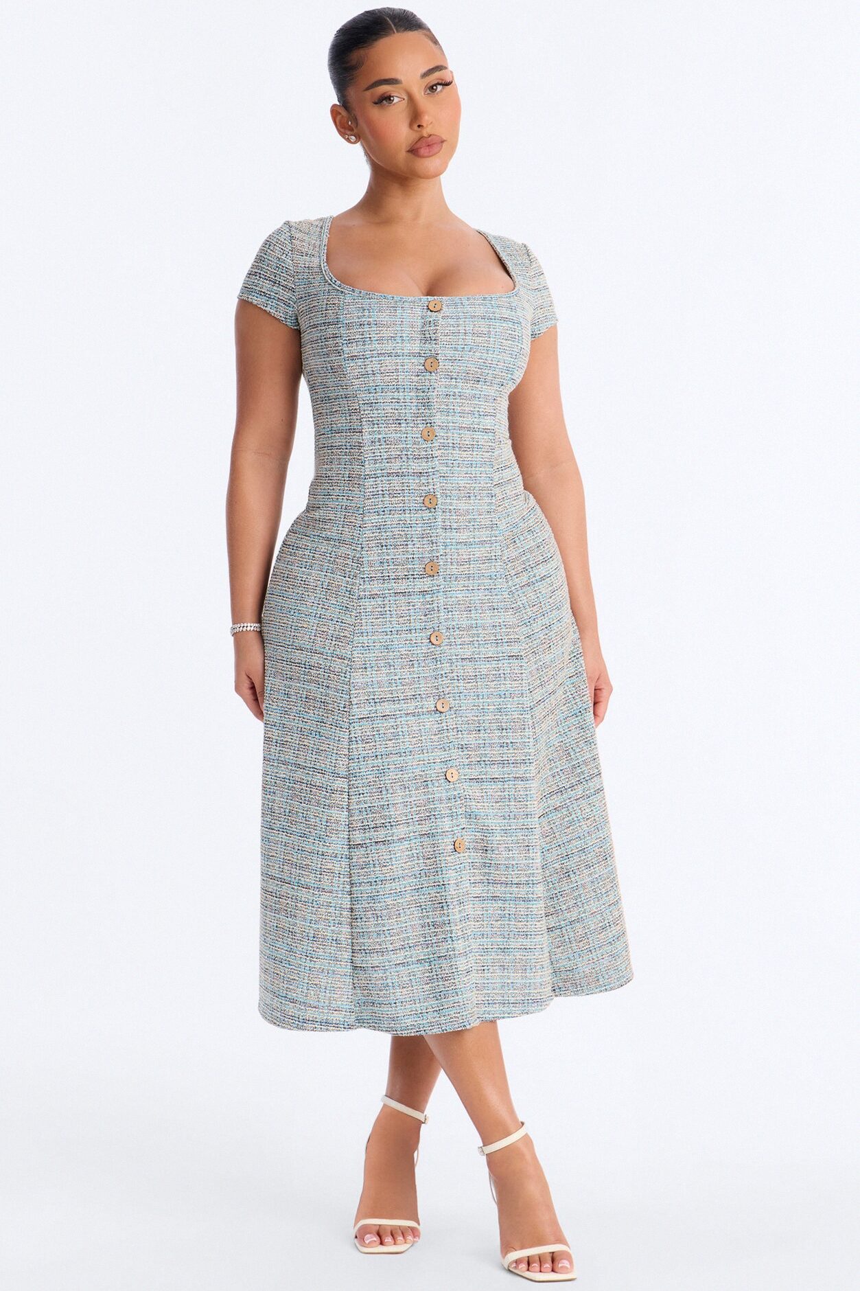 Cassandra Tweed Midi Dress - Blue/combo