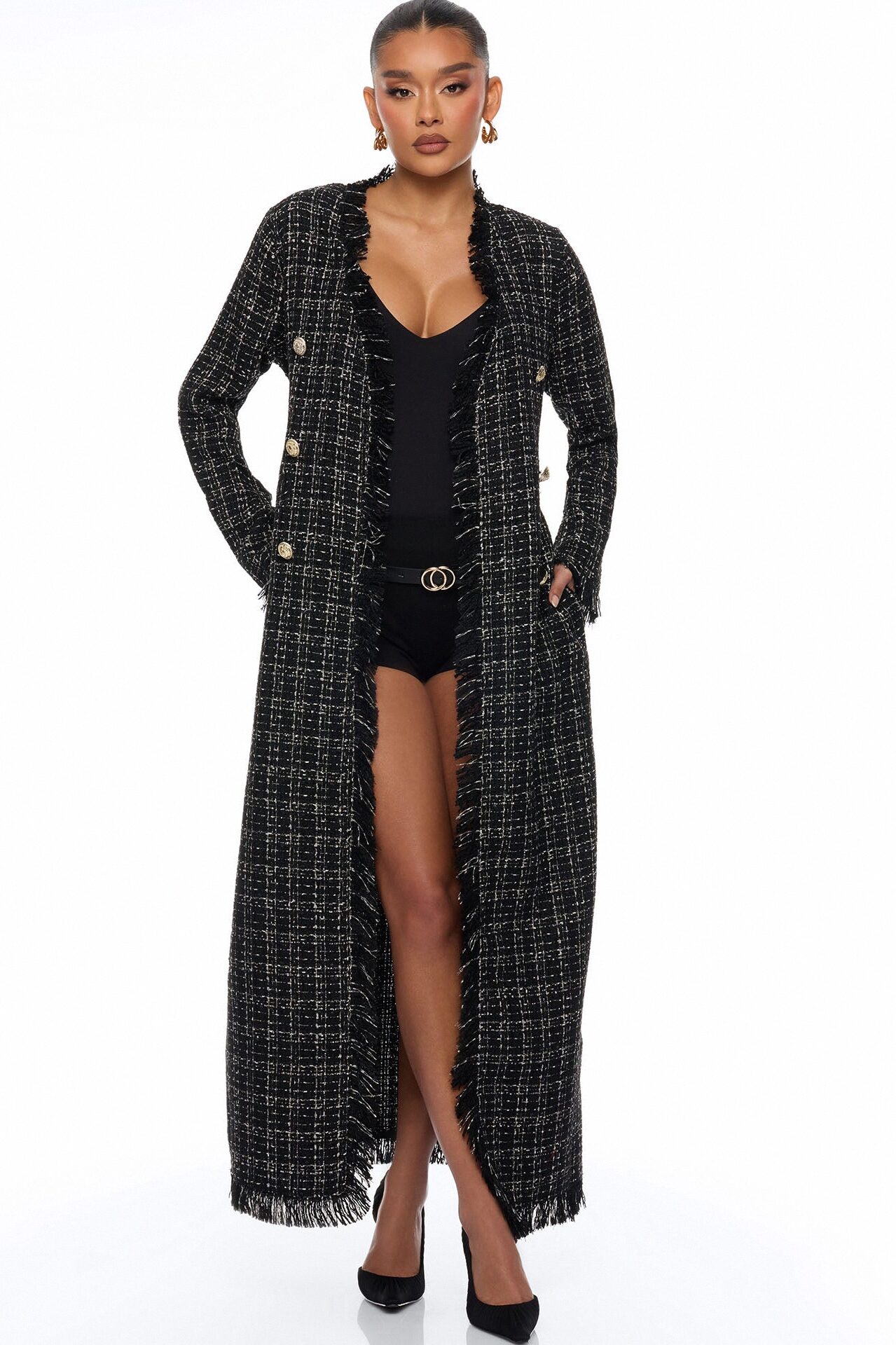 Sweet Edge Tweed Long Cardigan - Black/combo
