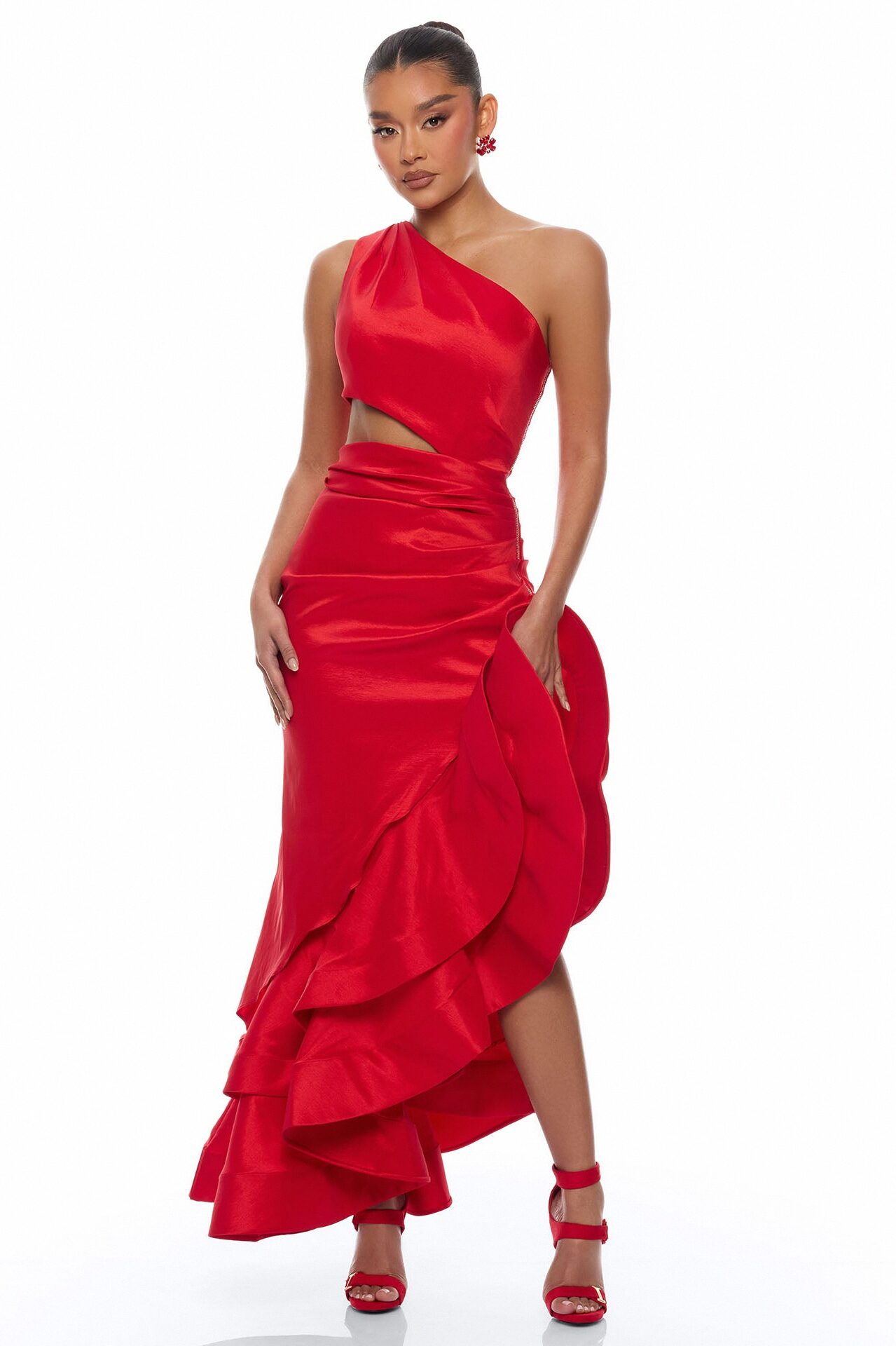 Sienna Ruffle Taffeta Maxi Dress - Red