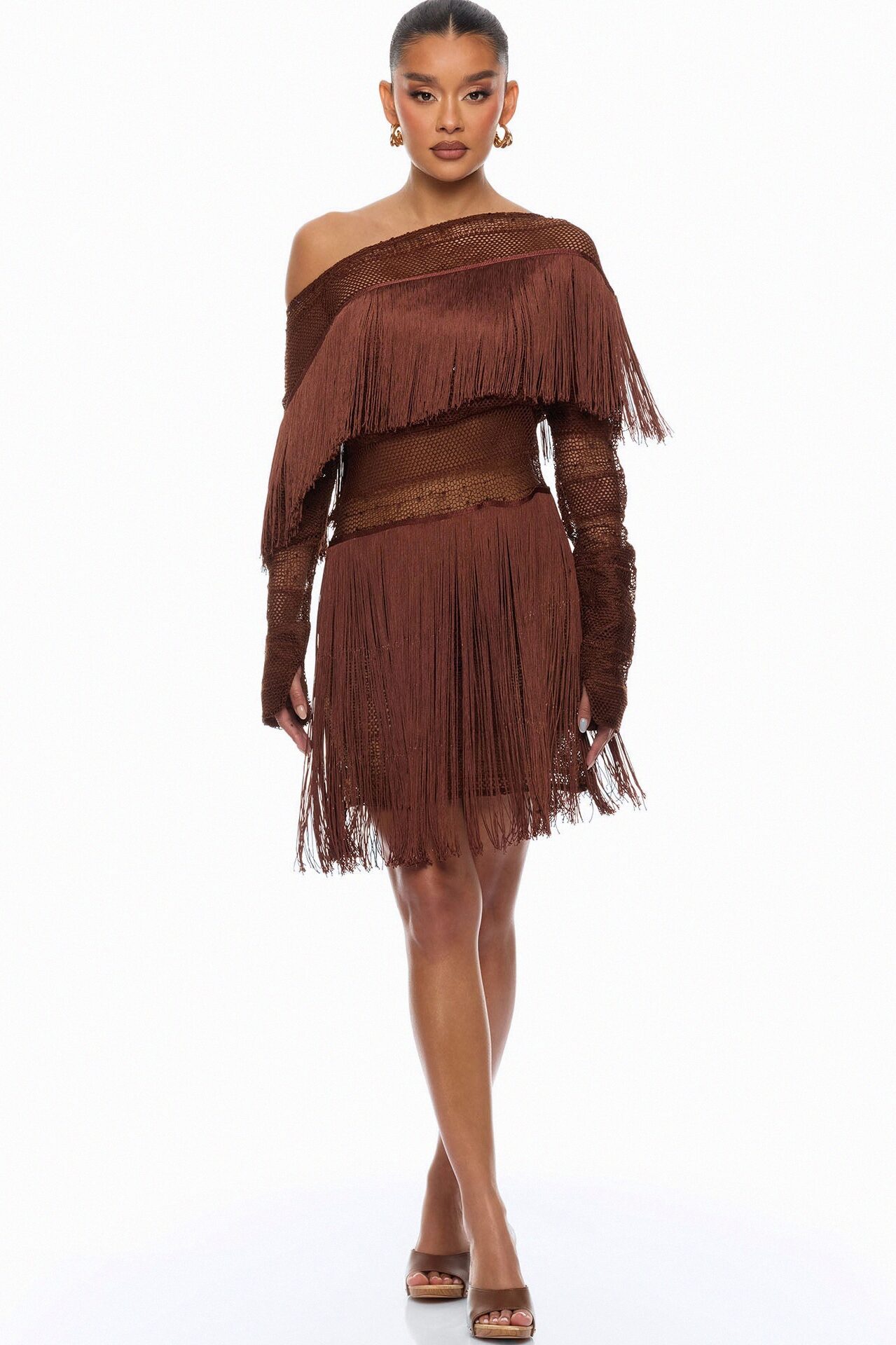 Jayde Fringe Mini Dress - Brown