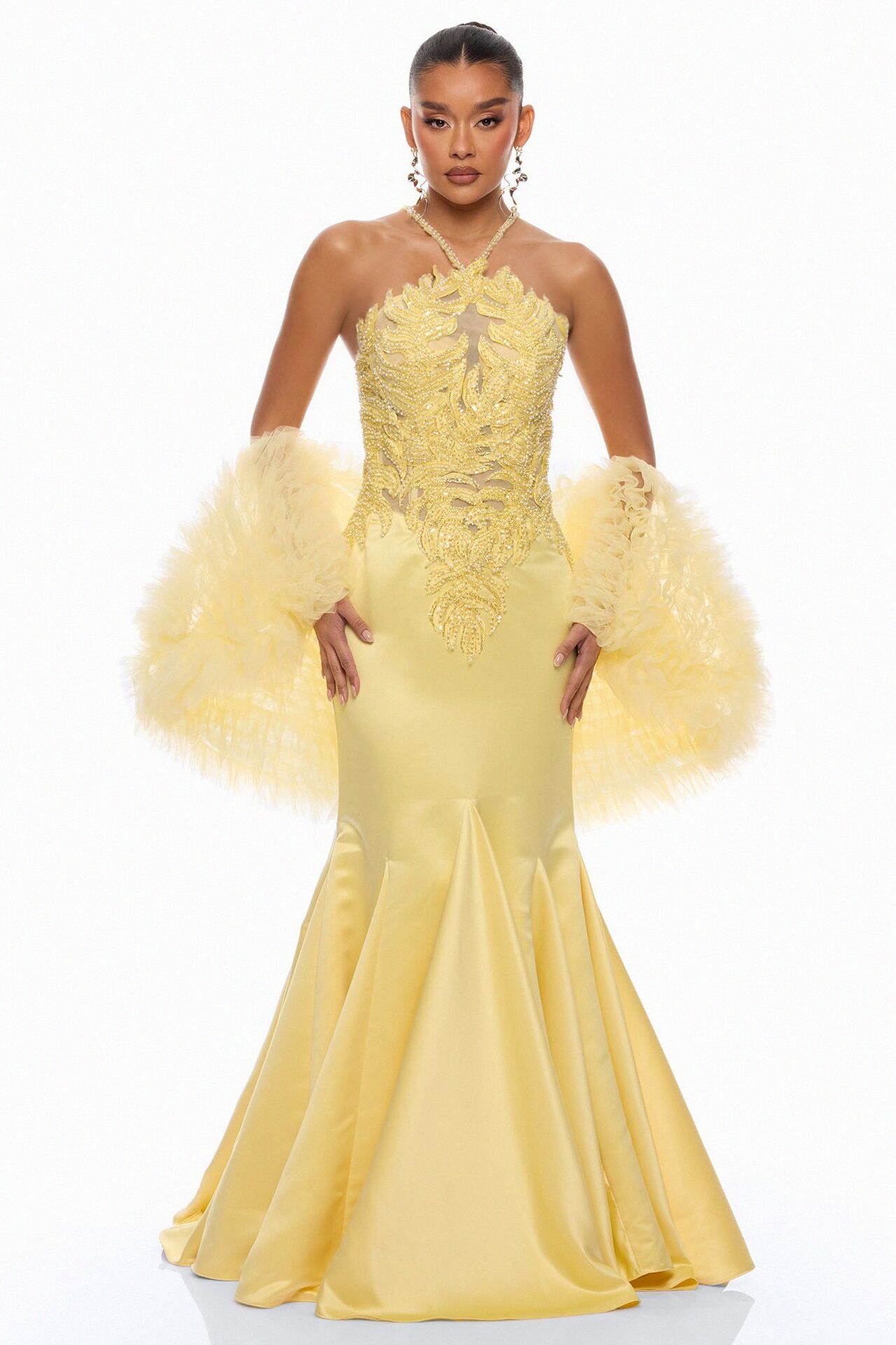 Pure Glamour Embellished Mermaid Gown - Butter Yellow