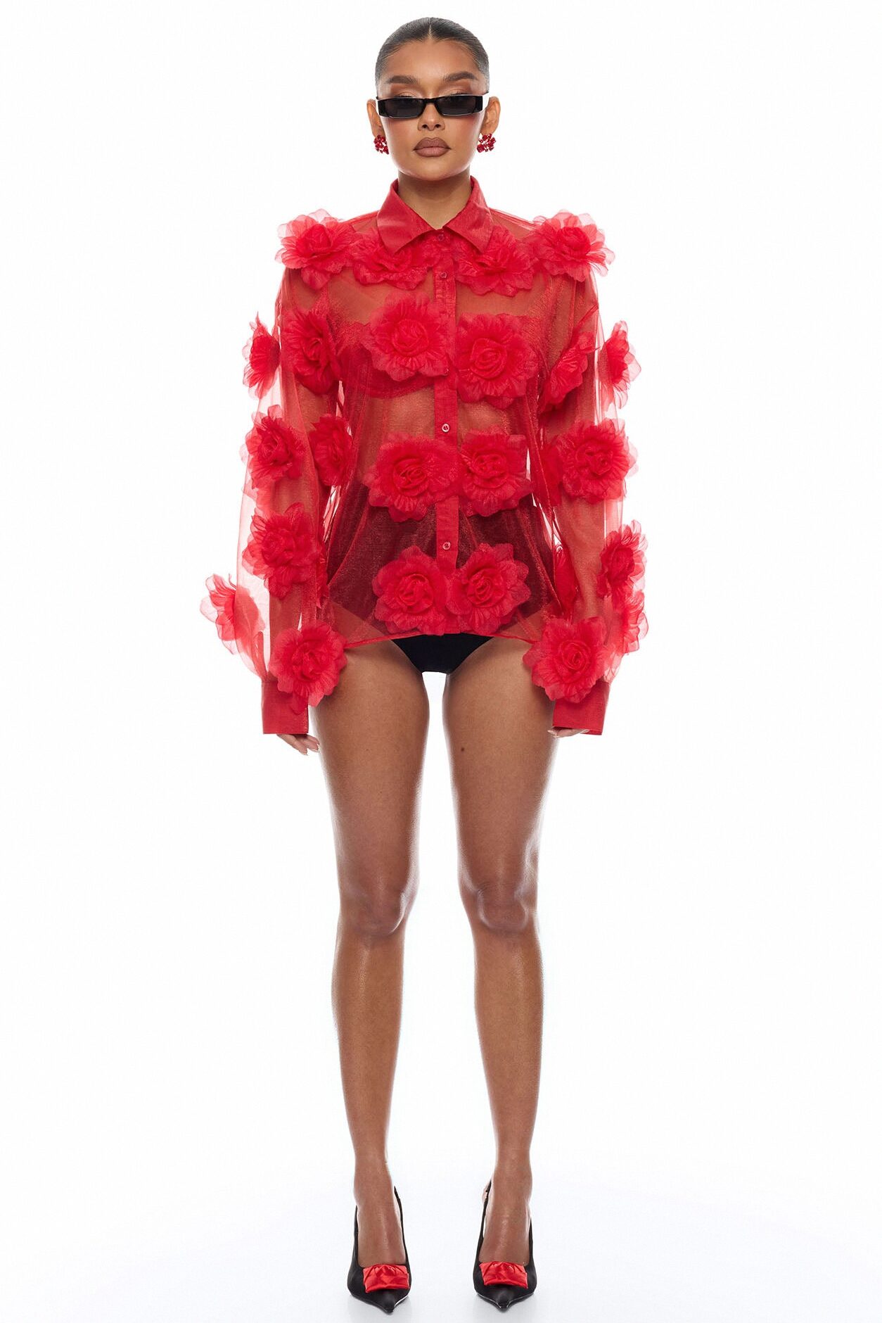 Violet Veil Floral Applique Top - Red