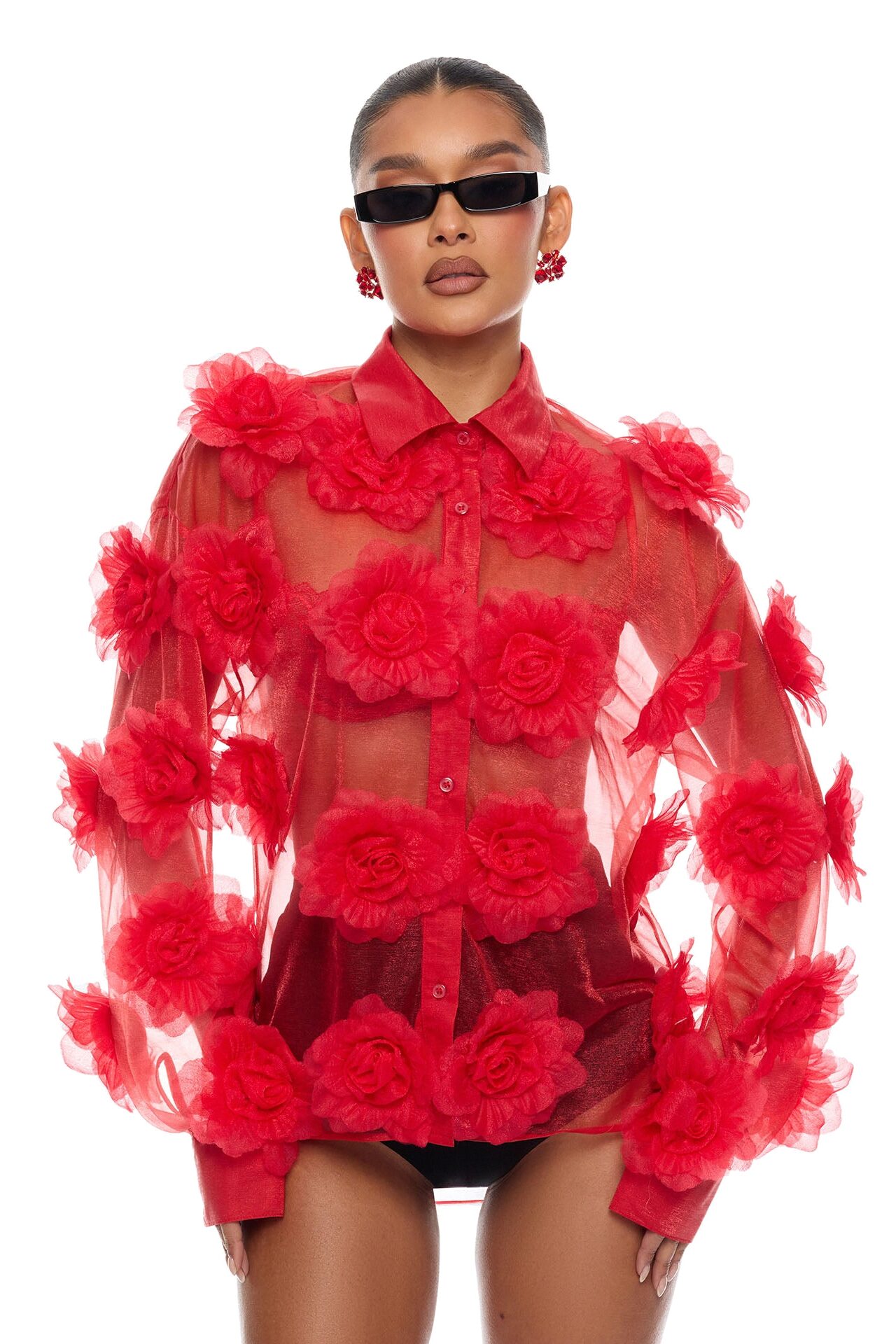 Violet Veil Floral Applique Top - Red