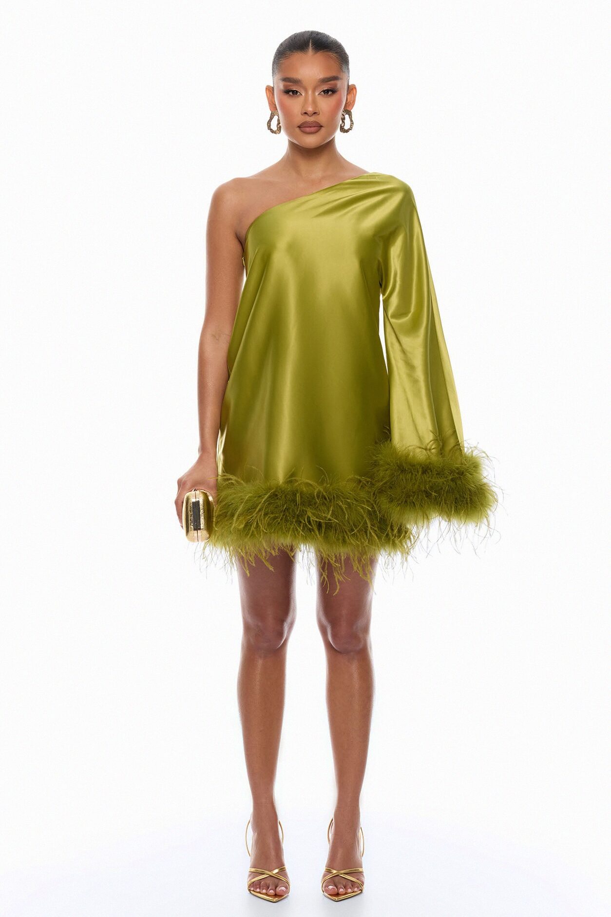 Jacqueline Feathered One Shoulder Satin Mini Dress - Chartreuse