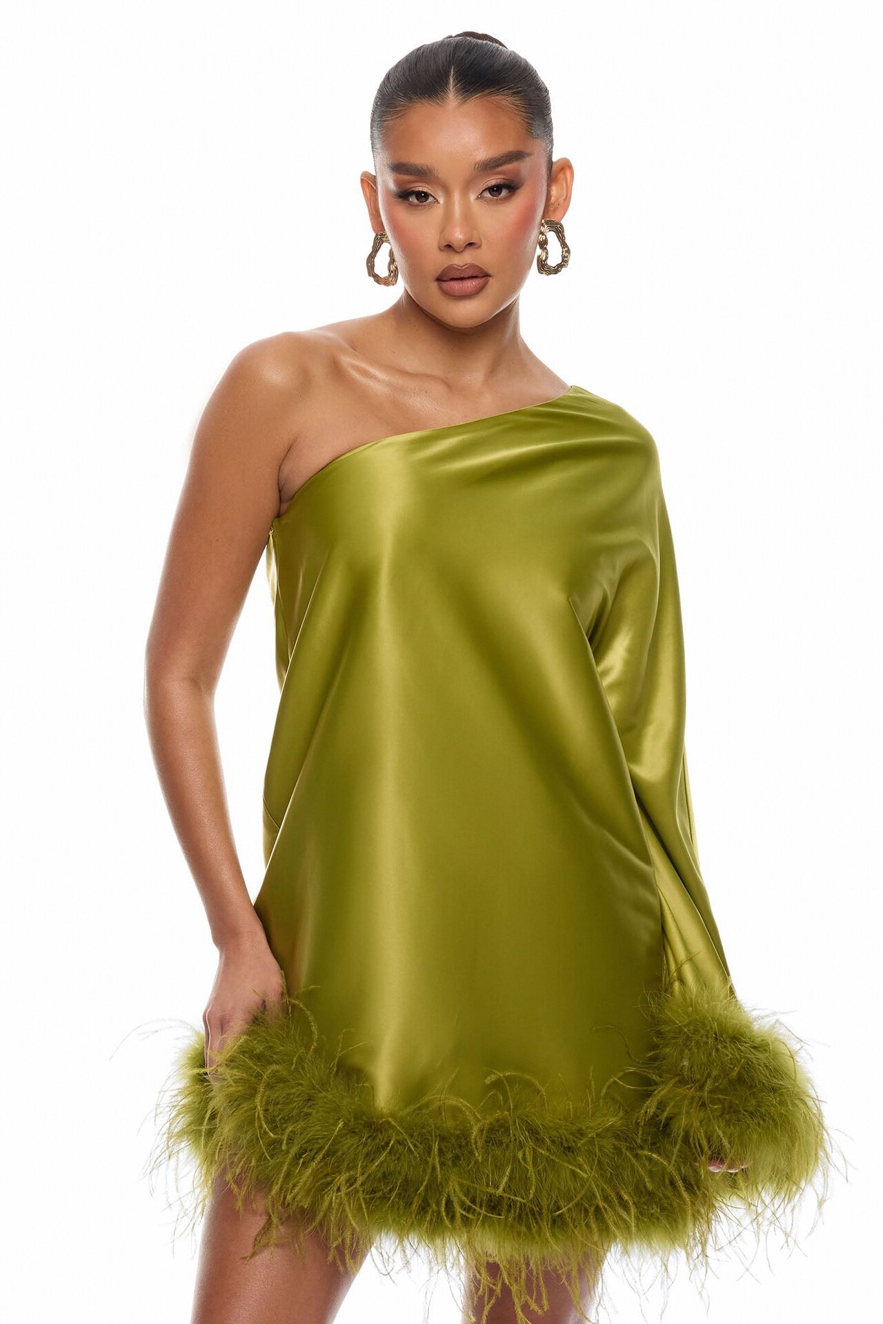 Jacqueline Feathered One Shoulder Satin Mini Dress - Chartreuse