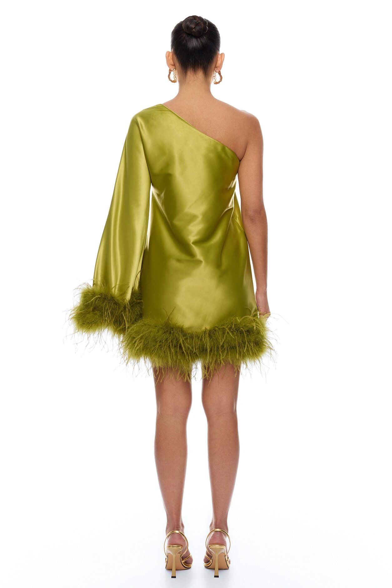 Jacqueline Feathered One Shoulder Satin Mini Dress - Chartreuse