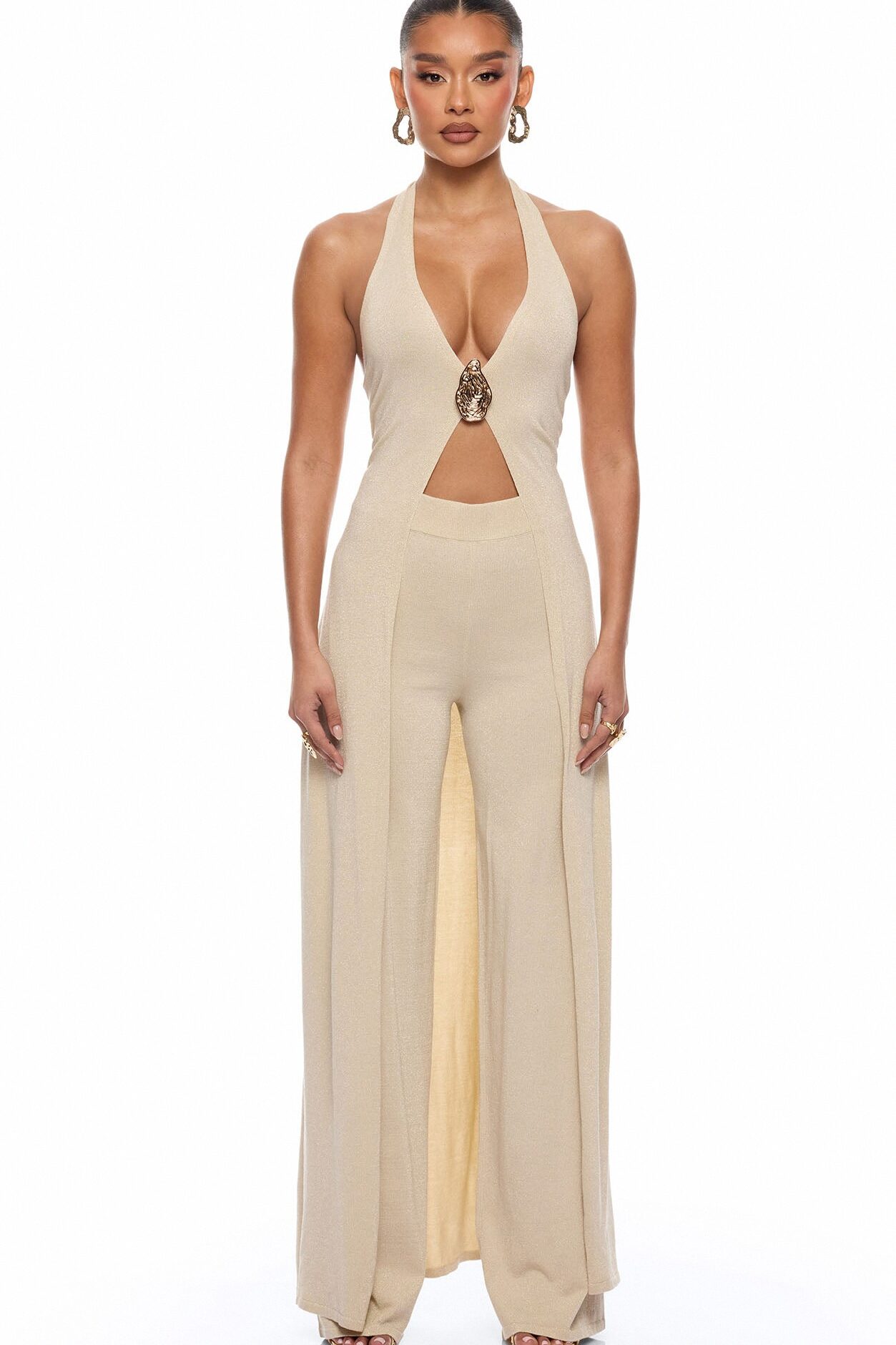 Portia Metallic Sweater Pant Set - Champagne