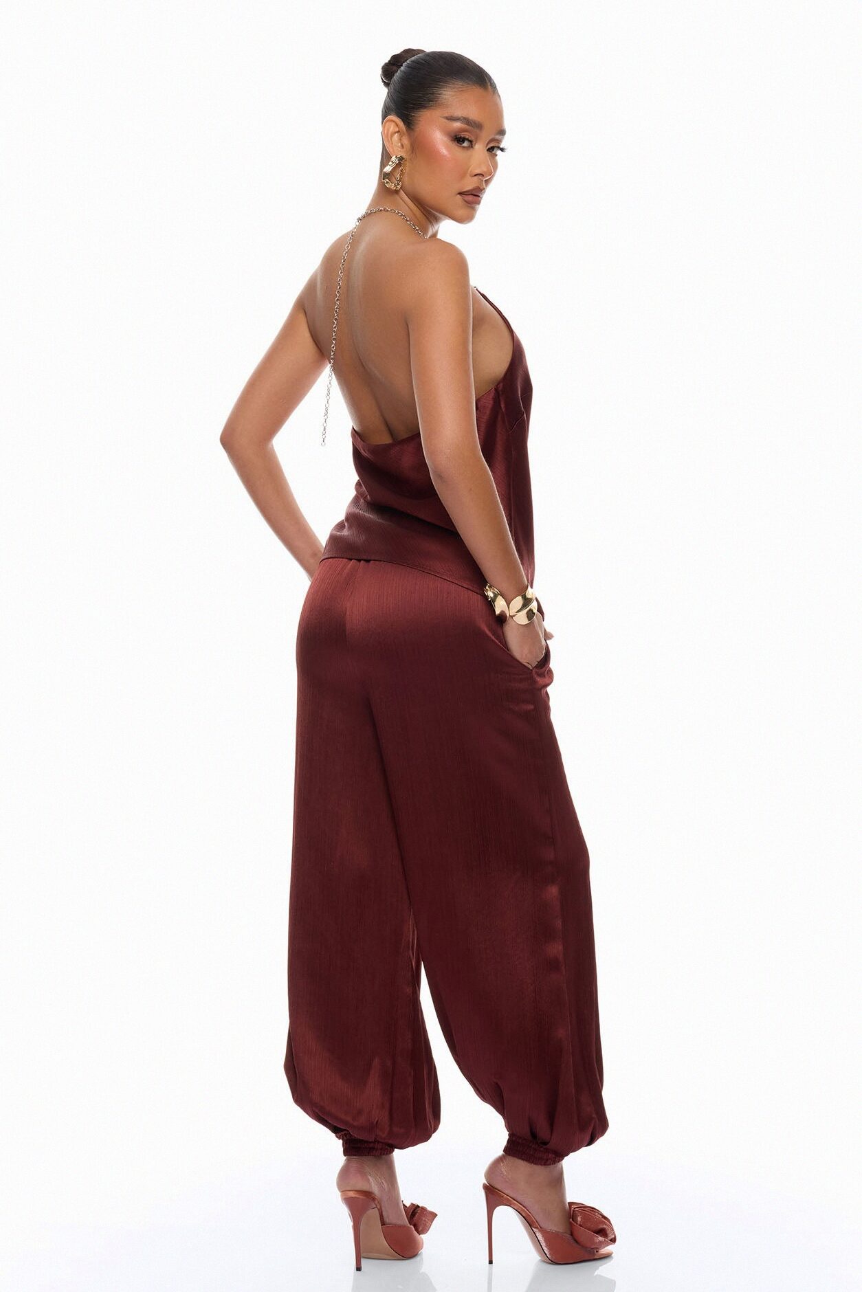 Nicolette Satin Halter Top - Brick Red