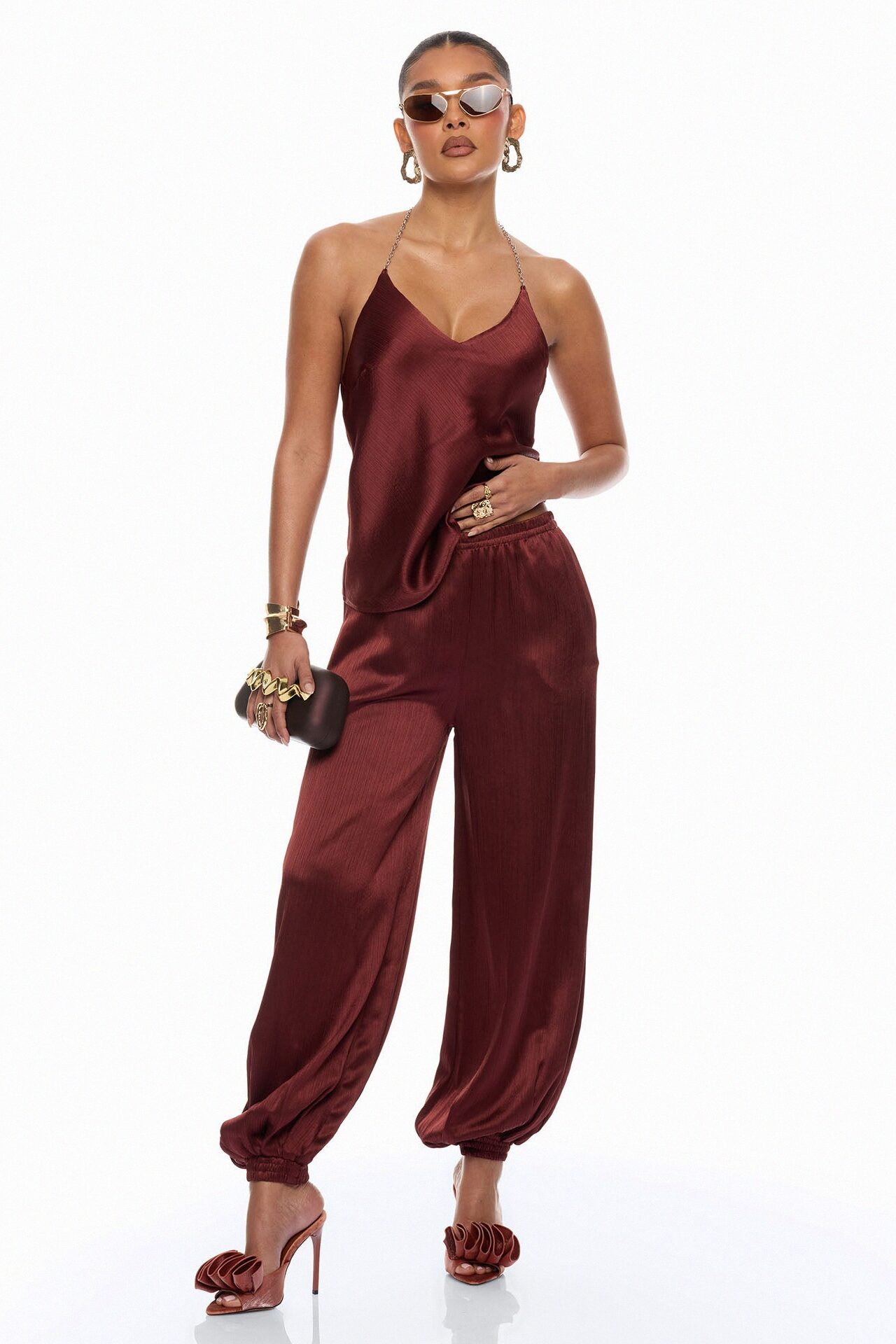 Nicolette Satin Balloon Pant - Brick Red