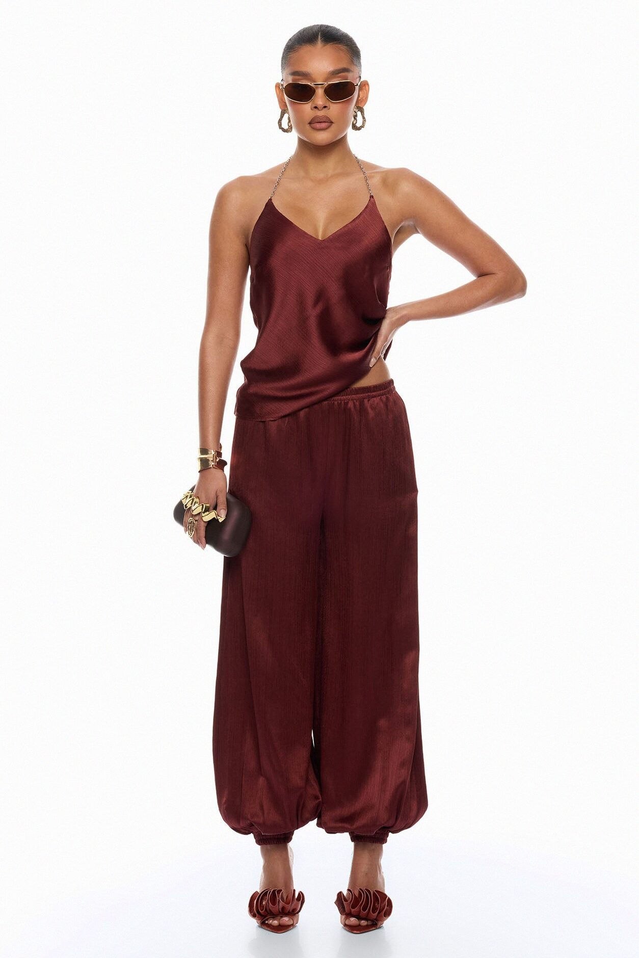 Nicolette Satin Balloon Pant - Brick Red