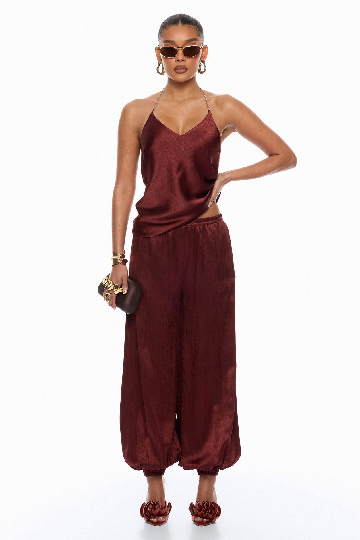 Nicolette Satin Halter Top - Brick Red