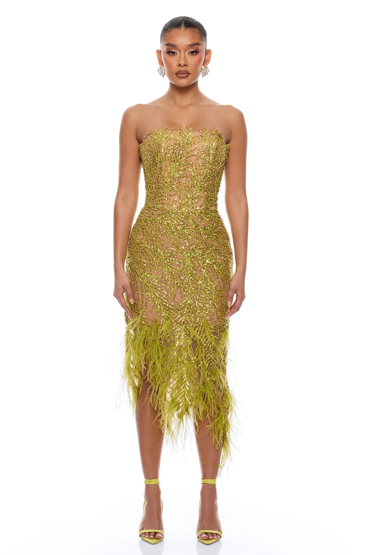 Camille Feathered Embellished Midi Dress - Chartreuse