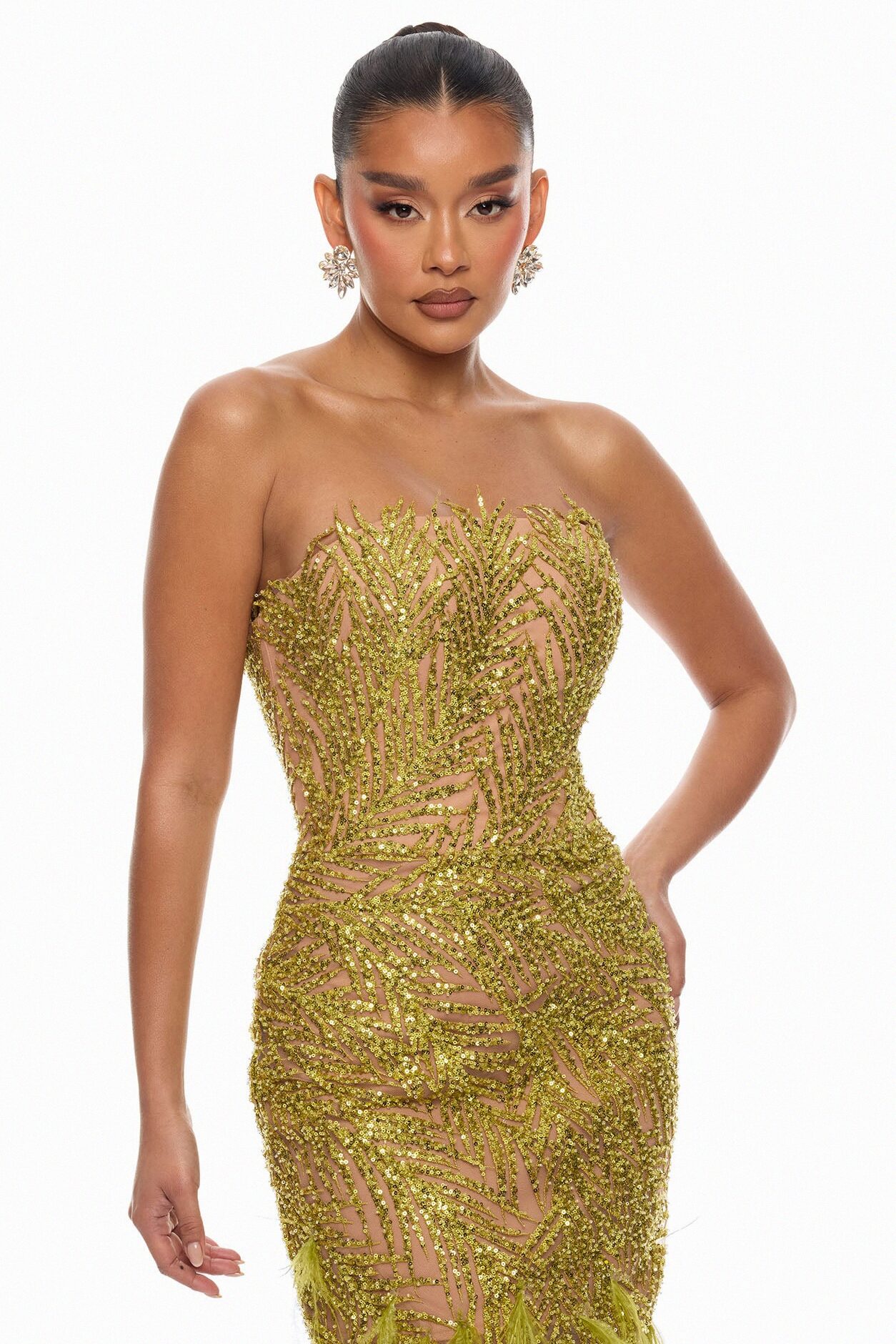 Camille Feathered Embellished Midi Dress - Chartreuse