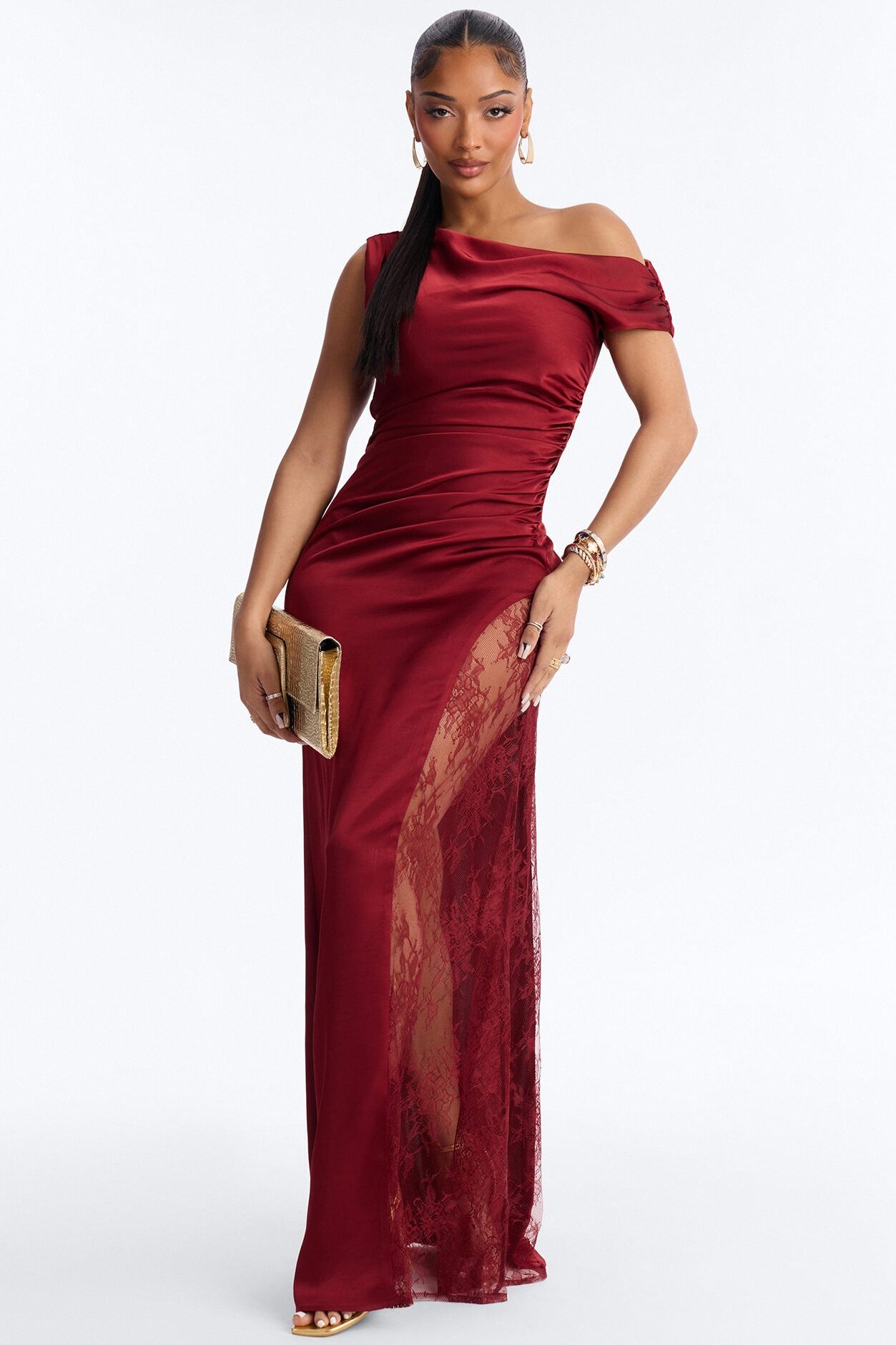 Anastasia Lace Cut Out Satin Gown - Marsala