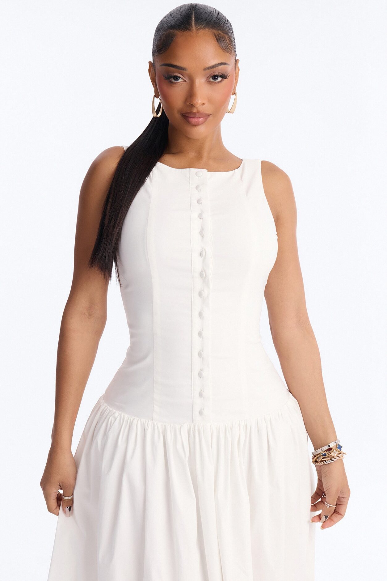 Everly Drop Waist Button Up Maxi Dress - White
