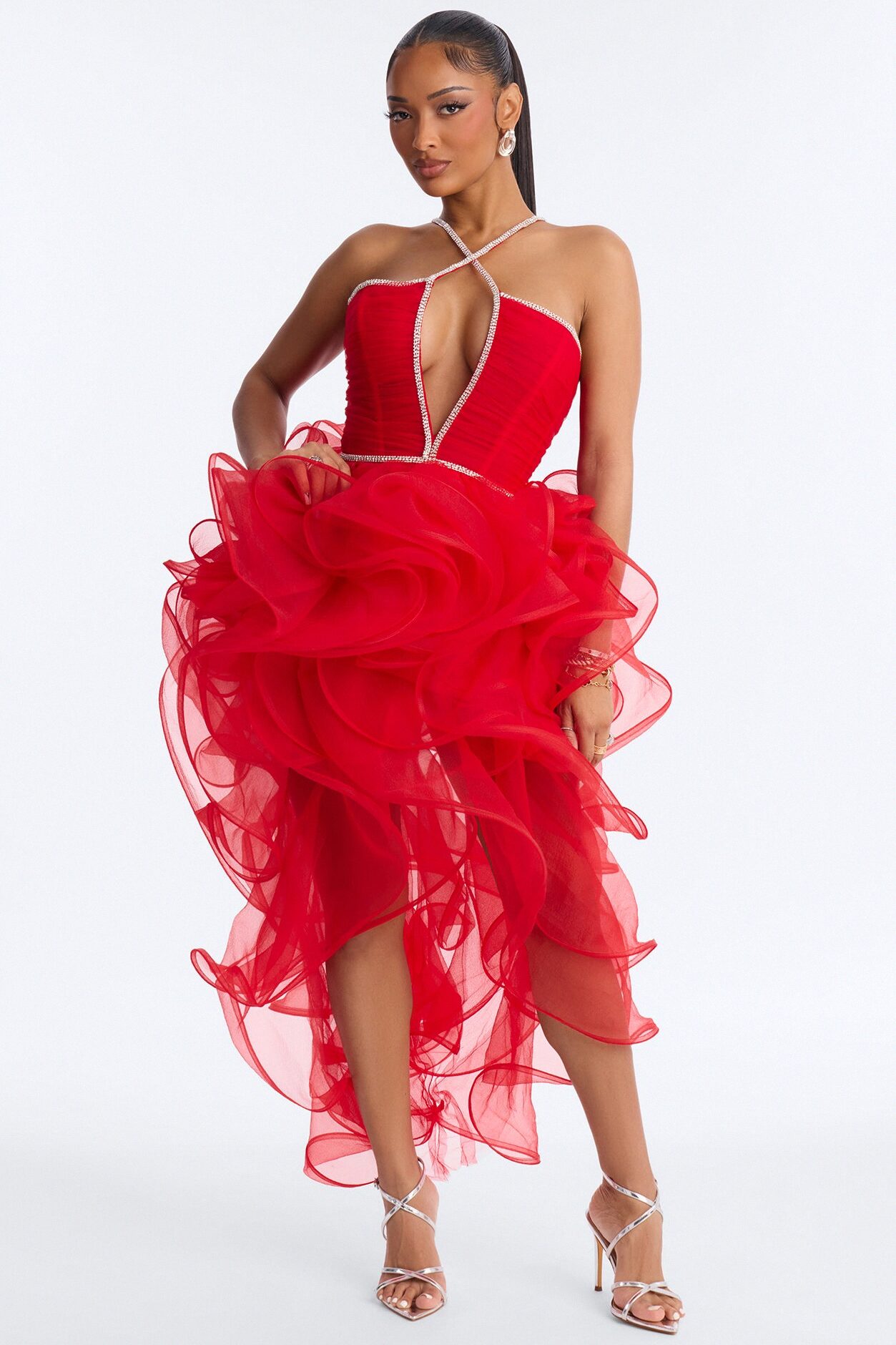 Cyra Rhinestone Ruffle Gown - Red