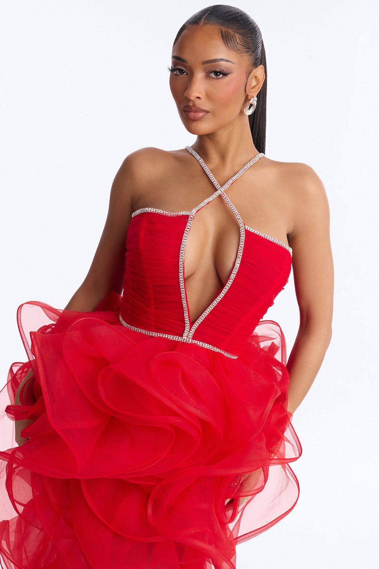 Cyra Rhinestone Ruffle Gown - Red