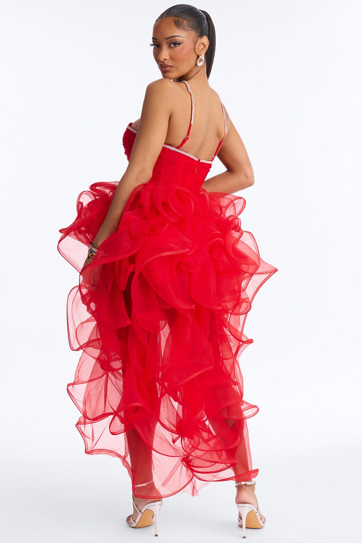 Cyra Rhinestone Ruffle Gown - Red