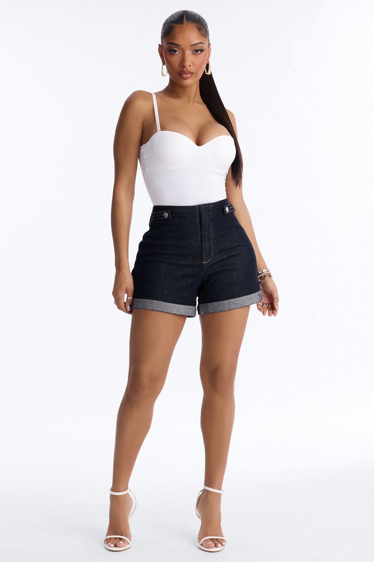 City Life Rolled Cuff Stretch Denim Shorts - Dark Denim