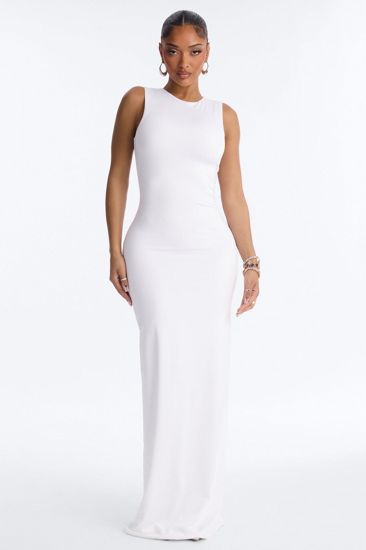 Contour Double Lined Crew Neck Sleeveless Maxi Dress - White