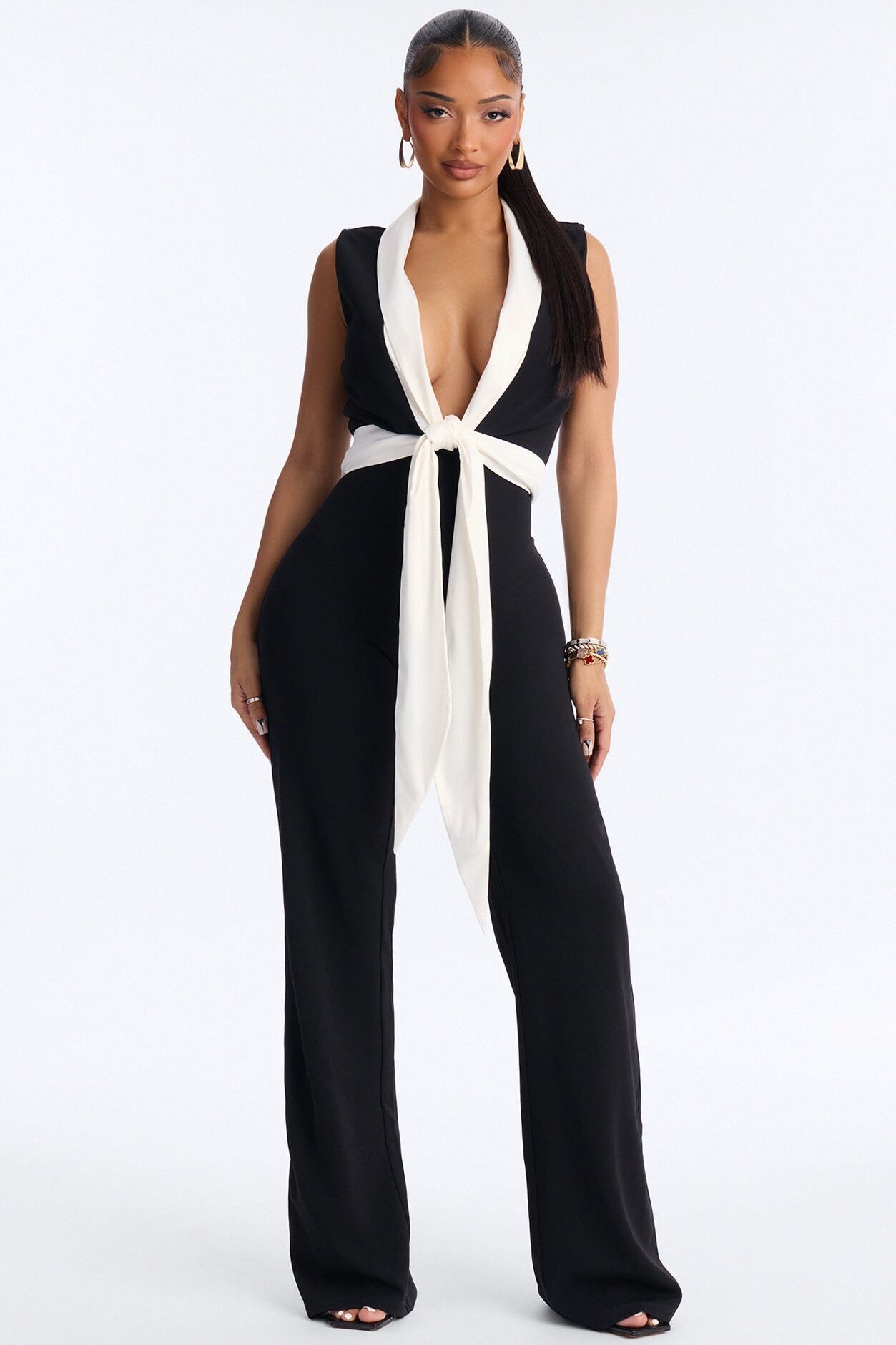 Jenni Contrast Trim Flare Leg Jumpsuit - Black