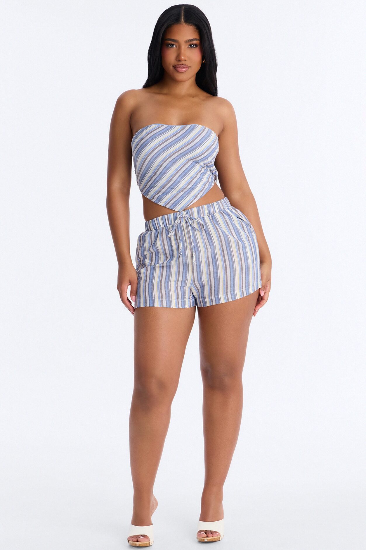 Leila Striped Strapless Linen Short Set - Blue/combo