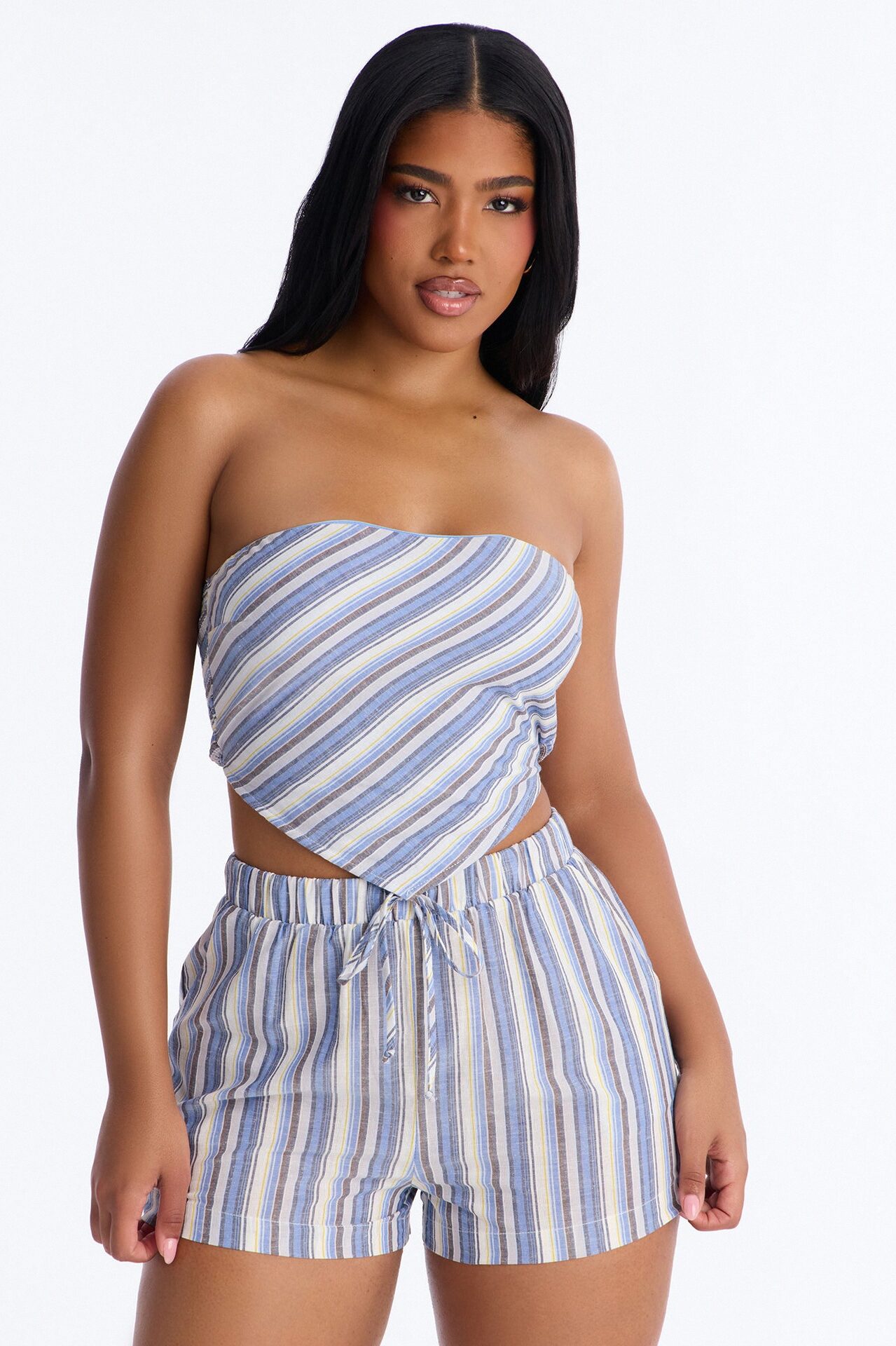 Leila Striped Strapless Linen Short Set - Blue/combo
