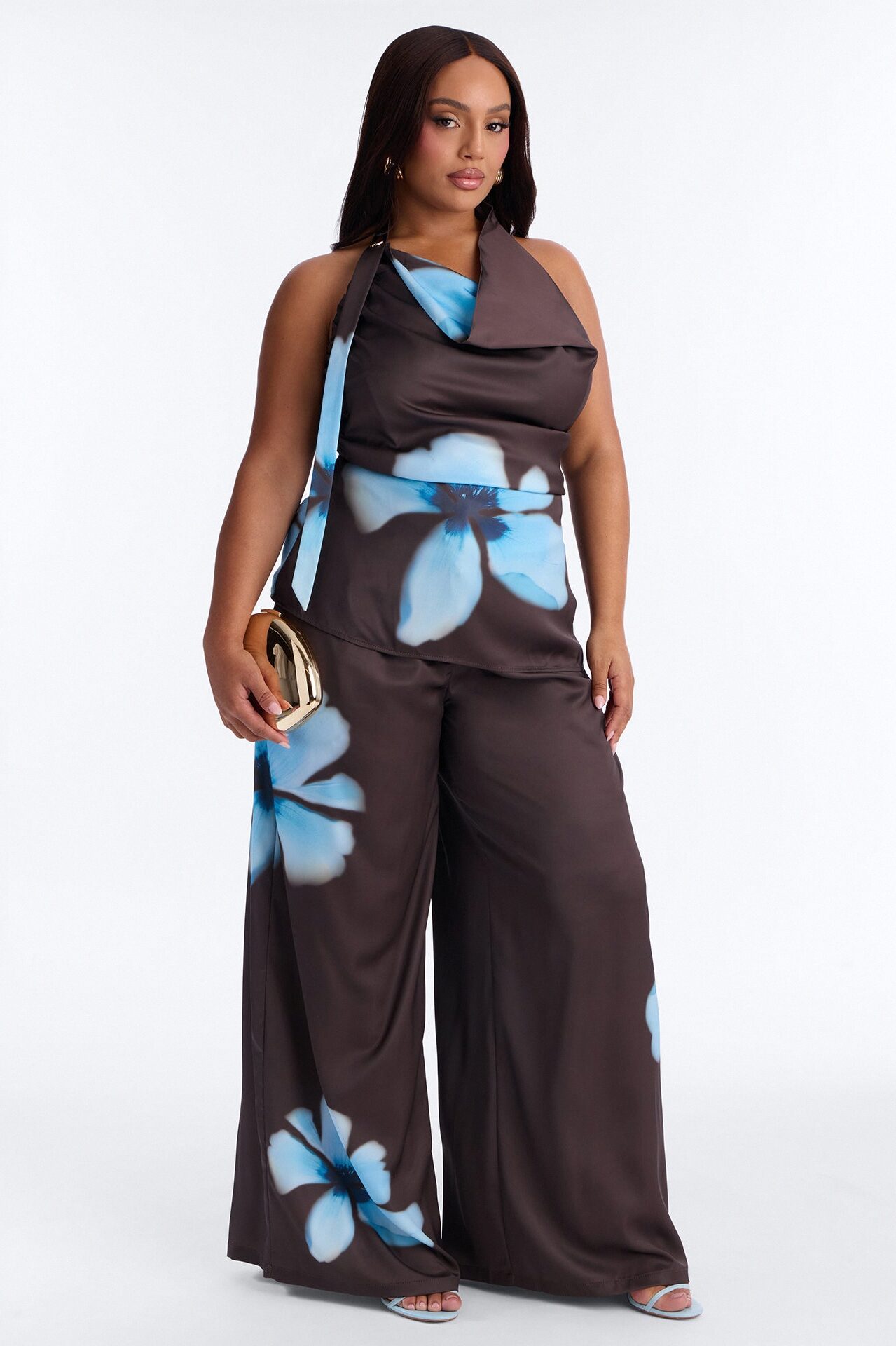 Forbidden Petals Satin Pant Set - Chocolate/Combo