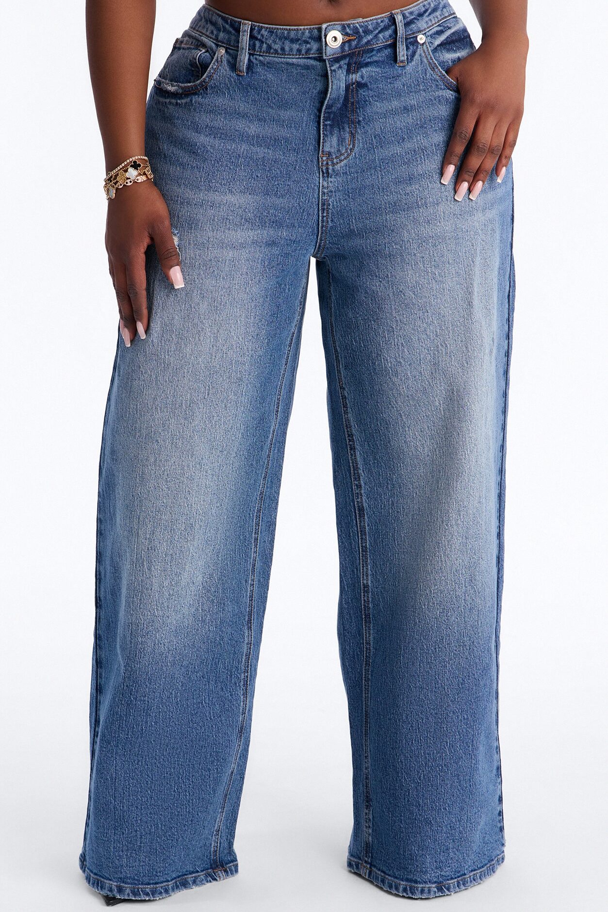 Still Going Strong Ripped Baggy Wide Leg Jeans - Medium Wash