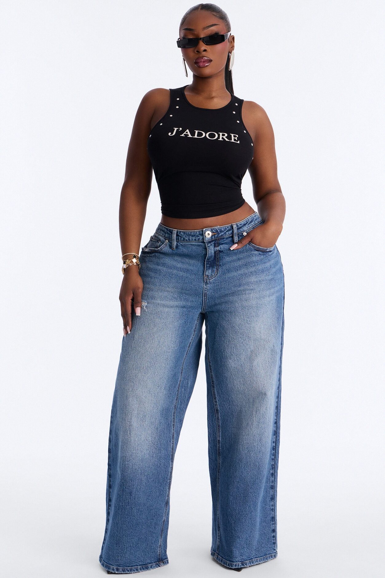 Still Going Strong Ripped Baggy Wide Leg Jeans - Medium Wash