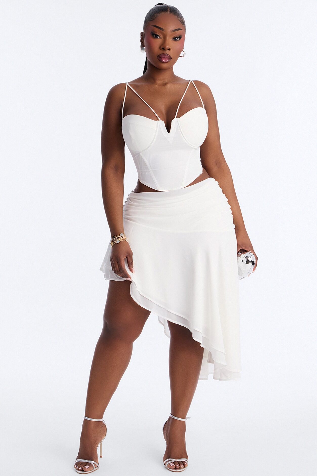 Analisa Asymmetric Ruched Midi Skirt - White