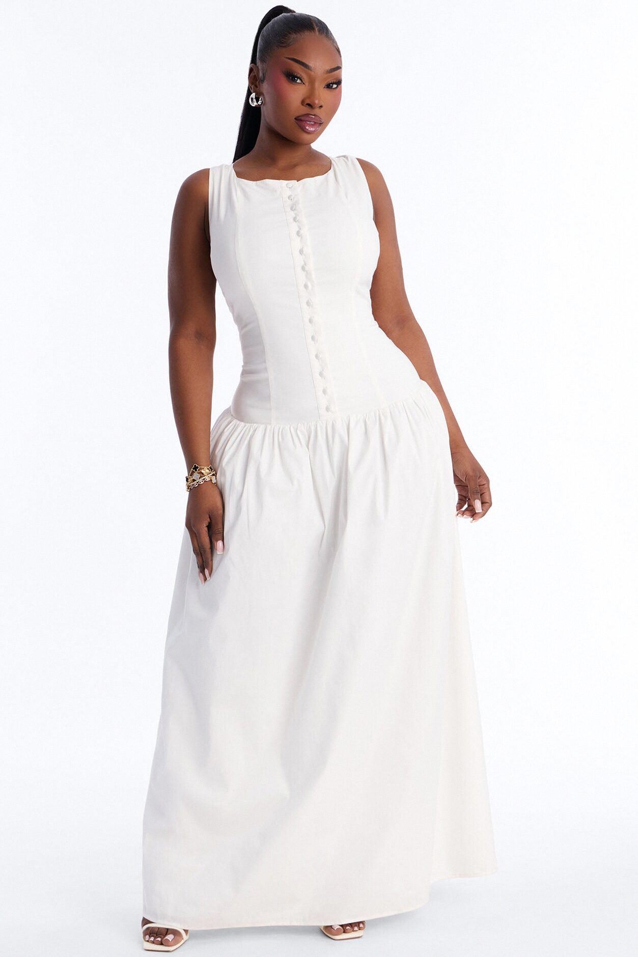 Everly Drop Waist Button Up Maxi Dress - White