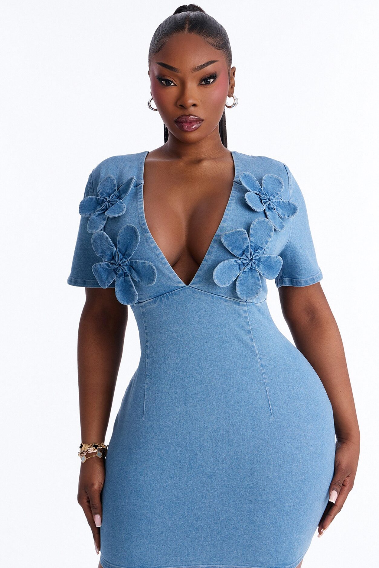 Heidi Short Sleeve Stretch Denim Mini Dress - Medium Wash