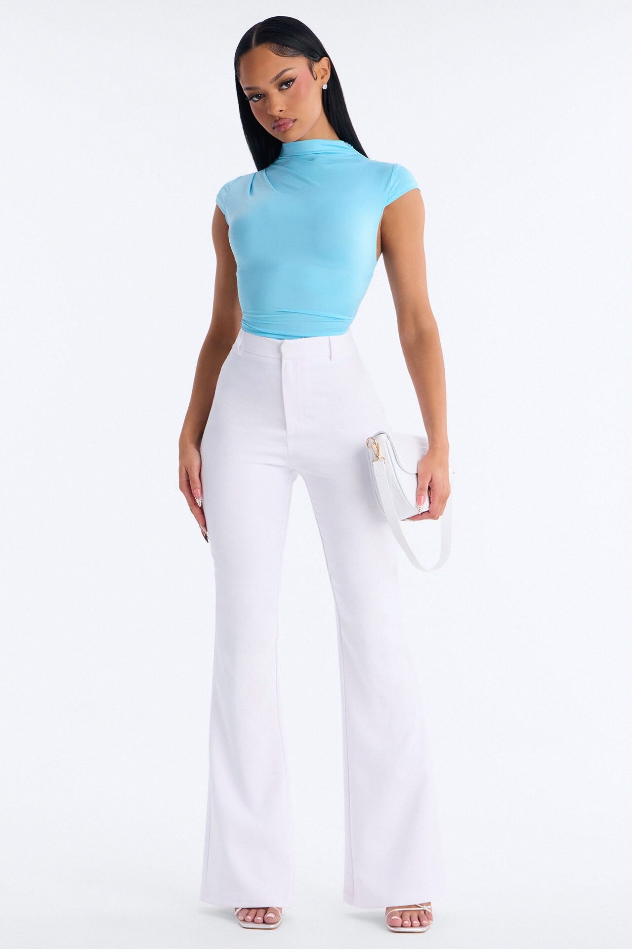 Ines Asymmetrical Ruched High Neck Top - Blue